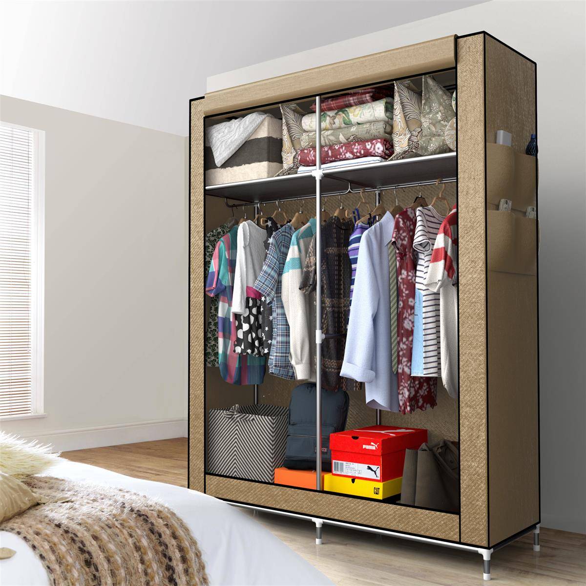 Intirilife Faltschrank 108x170x45 cm in CRÈME BEIGE - mit Reißverschluss Stoffschrank Kleiderschrank mit Kleiderstange, Fächern und Seitentasche