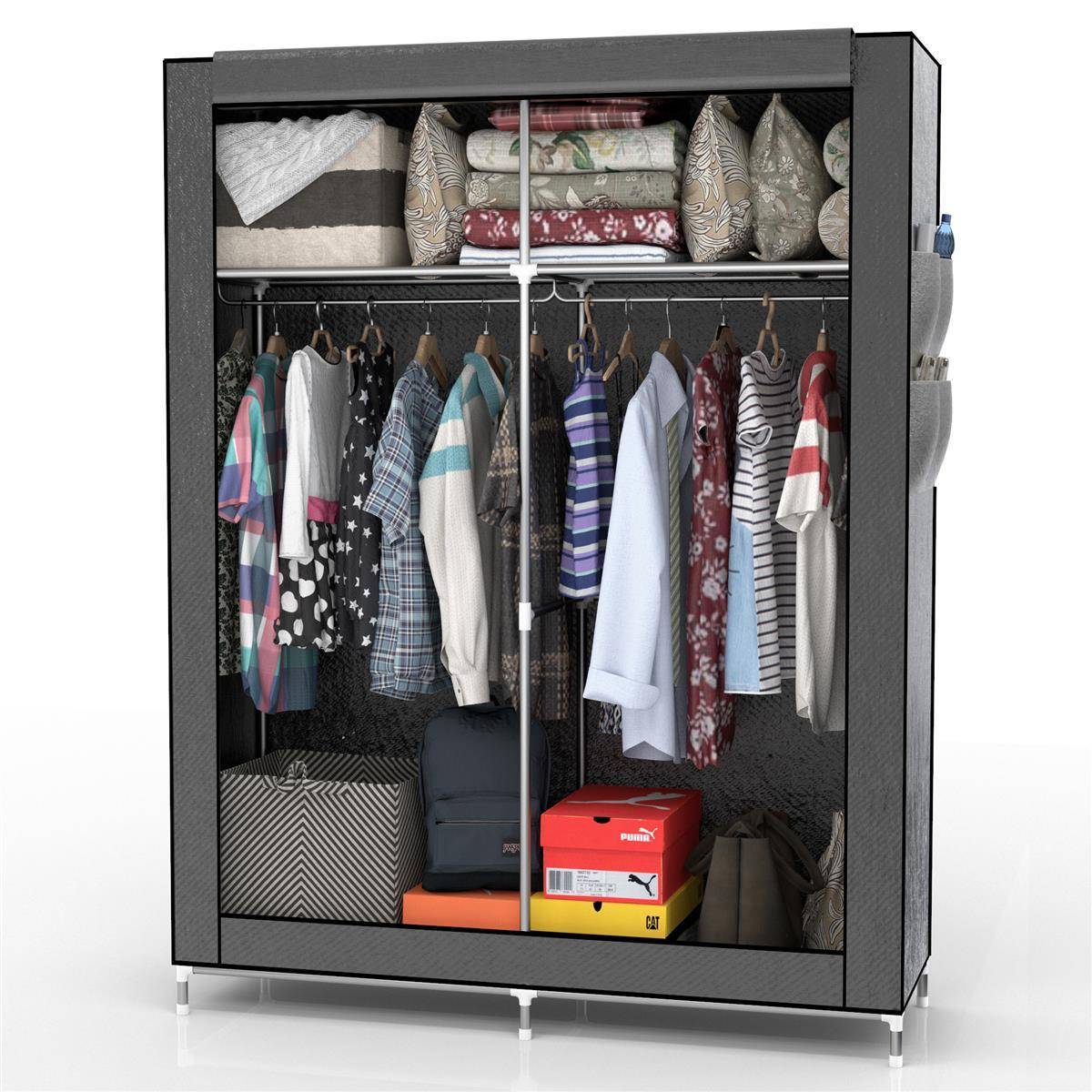 Intirilife Faltschrank 108x45x170 cm in MAUS GRAU - Schrank mit Reißverschluss aus Stoff Kleiderschrank mit Kleiderstange, Seitentasche und Fächern