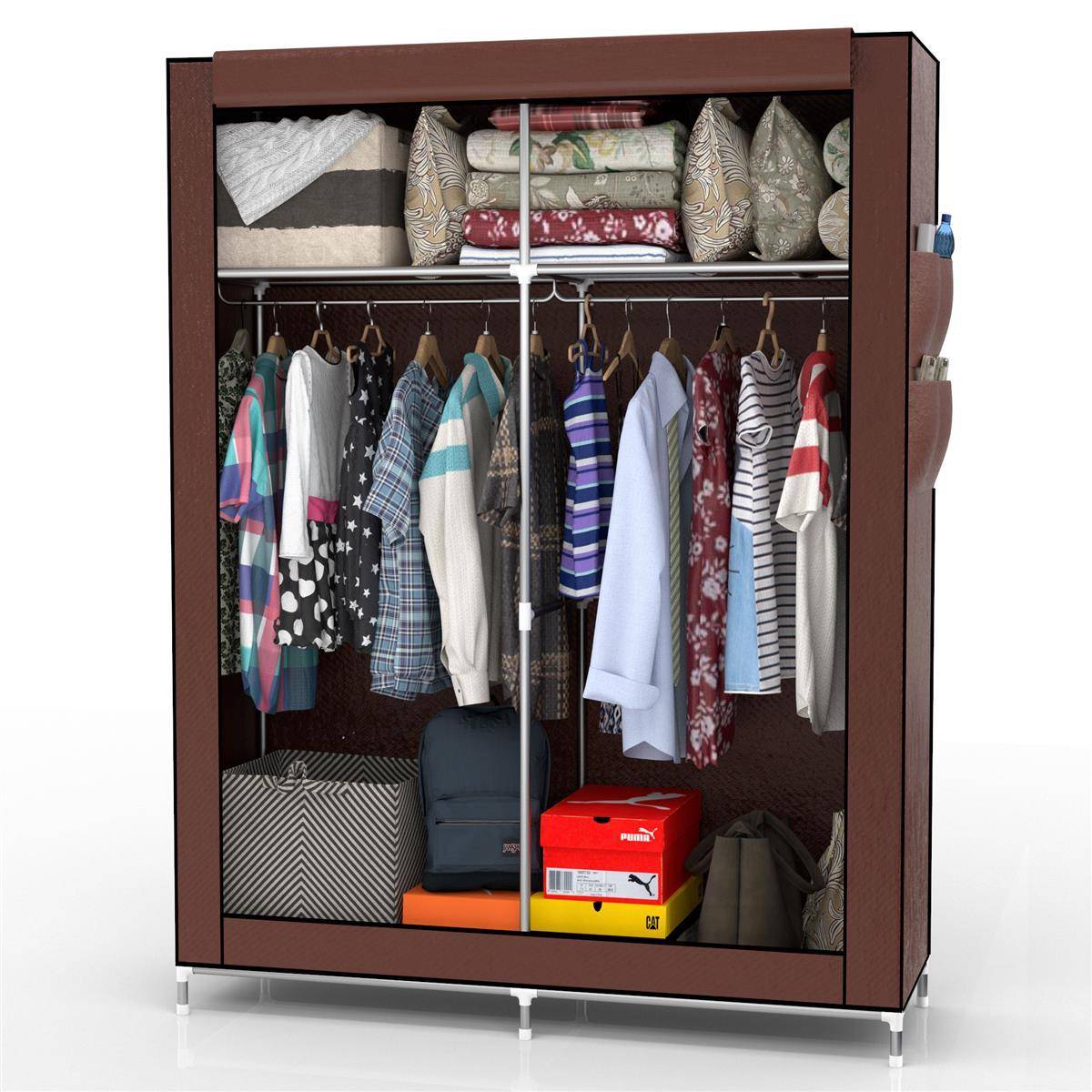 Intirilife Faltschrank 108x45x170 cm in BIBER BRAUN - Schrank mit Reißverschluss aus Stoff Kleiderschrank mit Kleiderstange, Seitentasche und Fächer