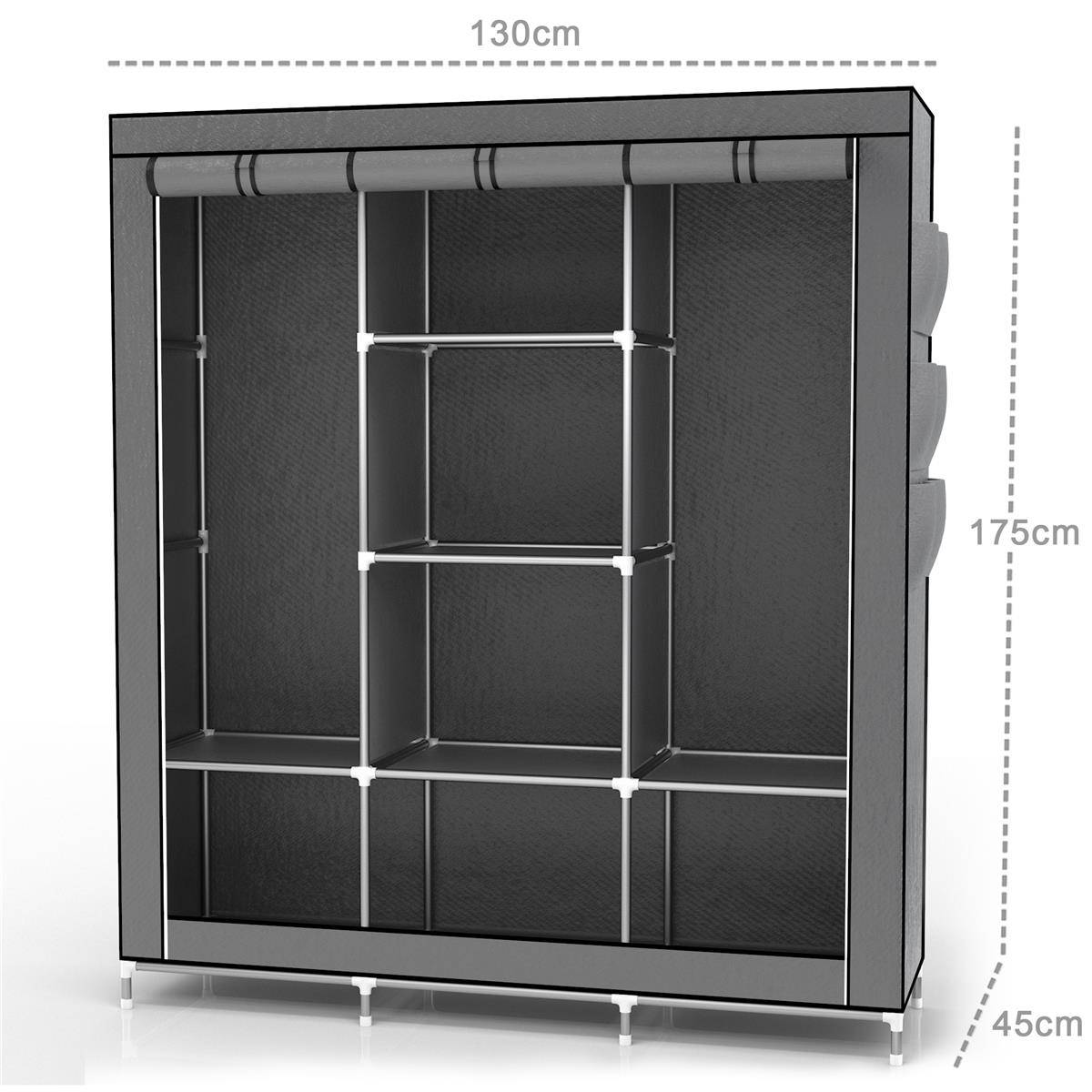 Intirilife Faltschrank 130x175x45 cm in ASCH GRAU - mit Reißverschluss Stoffschrank Kleiderschrank mit Kleiderstange, Fächern und Seitentasche - Cam