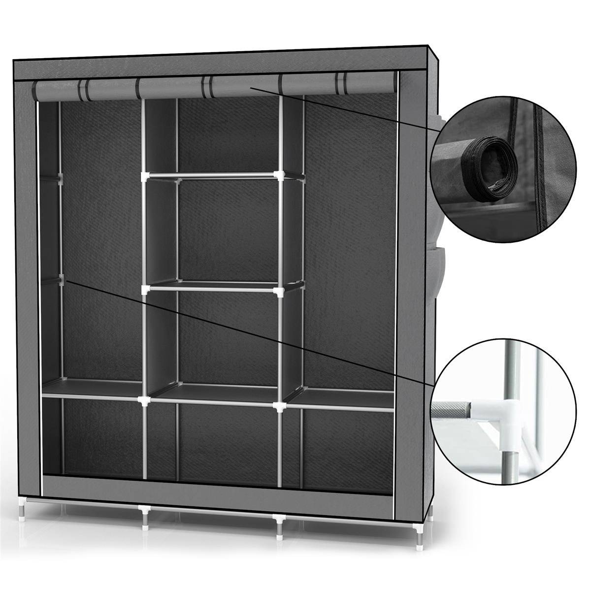 Intirilife Faltschrank 130x175x45 cm in ASCH GRAU - mit Reißverschluss Stoffschrank Kleiderschrank mit Kleiderstange, Fächern und Seitentasche - Cam