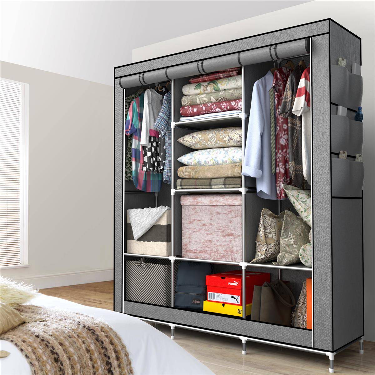 Intirilife Faltschrank 130x175x45 cm in ASCH GRAU - mit Reißverschluss Stoffschrank Kleiderschrank mit Kleiderstange, Fächern und Seitentasche - Cam