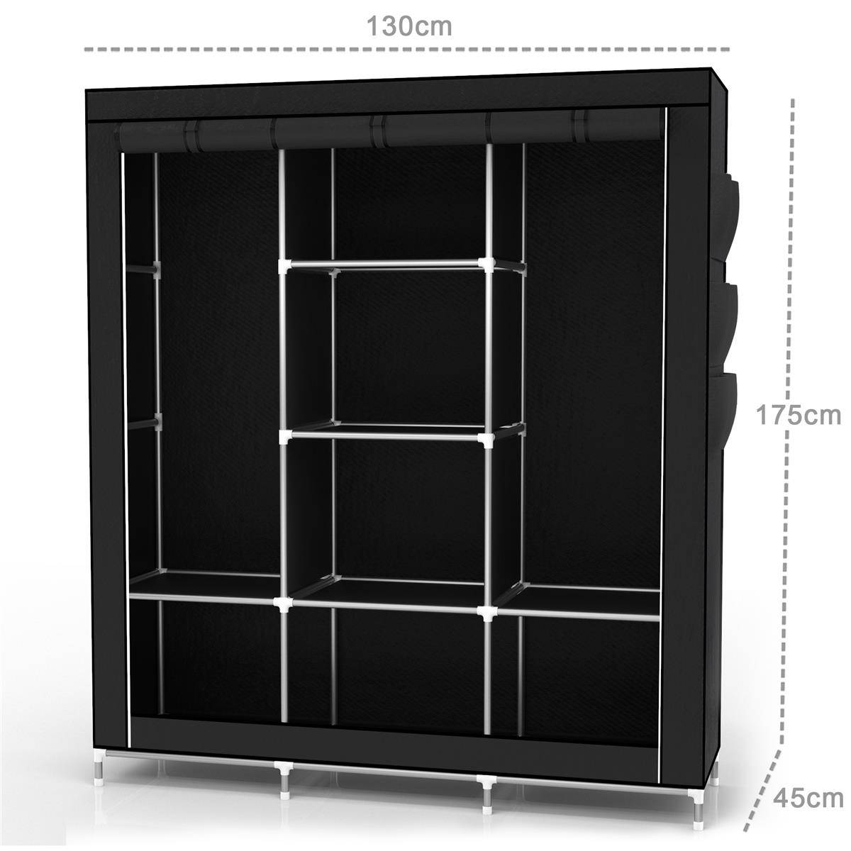 Intirilife Faltschrank 130x175x45 cm in RABEN SCHWARZ - mit Reißverschluss Stoffschrank Kleiderschrank mit Kleiderstange, Fächern und Seitentasche
