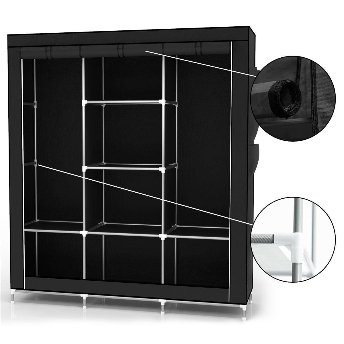 Intirilife Faltschrank 130x175x45 cm in RABEN SCHWARZ - mit Reißverschluss Stoffschrank Kleiderschrank mit Kleiderstange, Fächern und Seitentasche