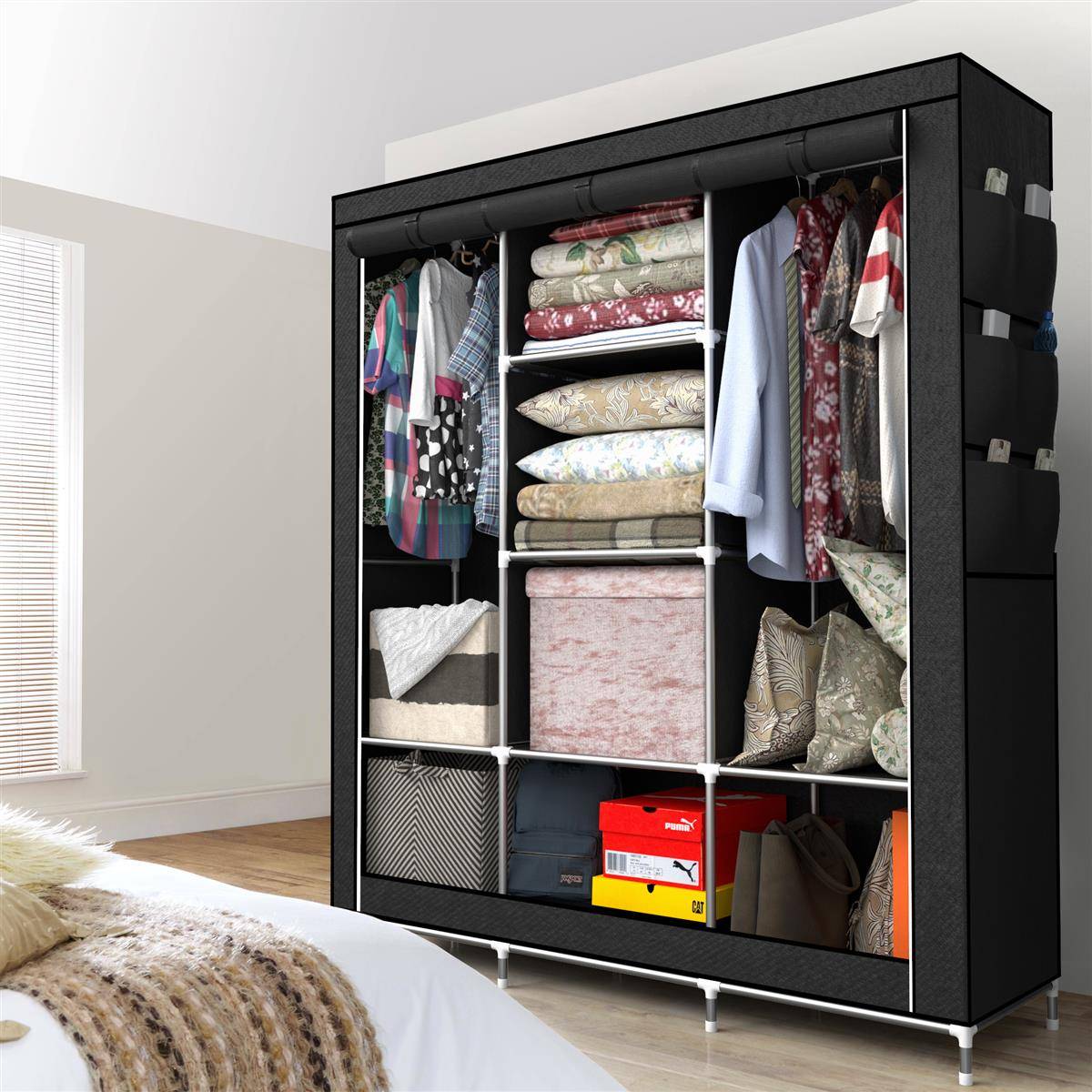 Intirilife Faltschrank 130x175x45 cm in RABEN SCHWARZ - mit Reißverschluss Stoffschrank Kleiderschrank mit Kleiderstange, Fächern und Seitentasche