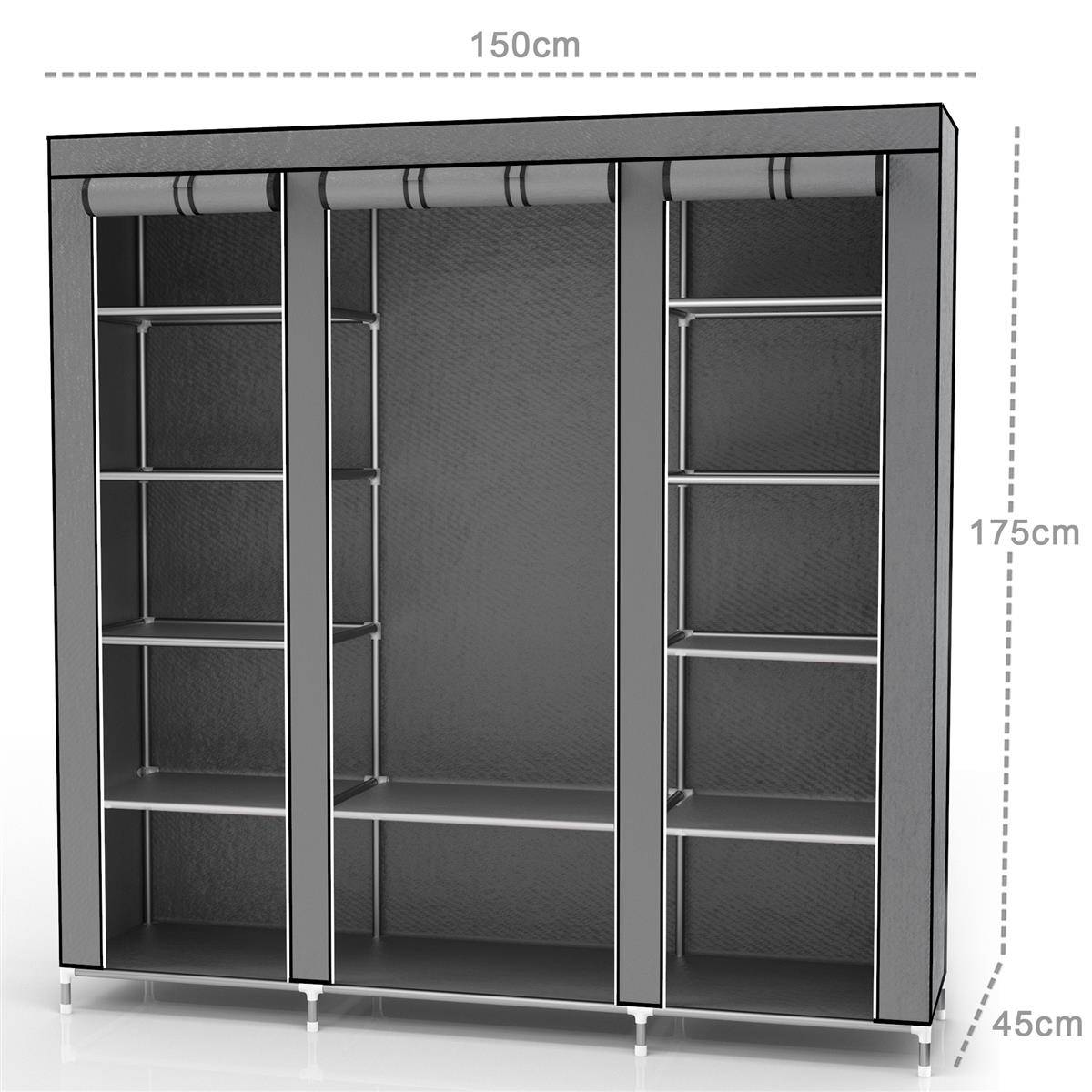 Intirilife Faltschrank 150x175x45 cm in ASCH GRAU - mit Reißverschluss Stoffschrank Kleiderschrank mit Kleiderstange, Fächern und Seitentasche - Cam