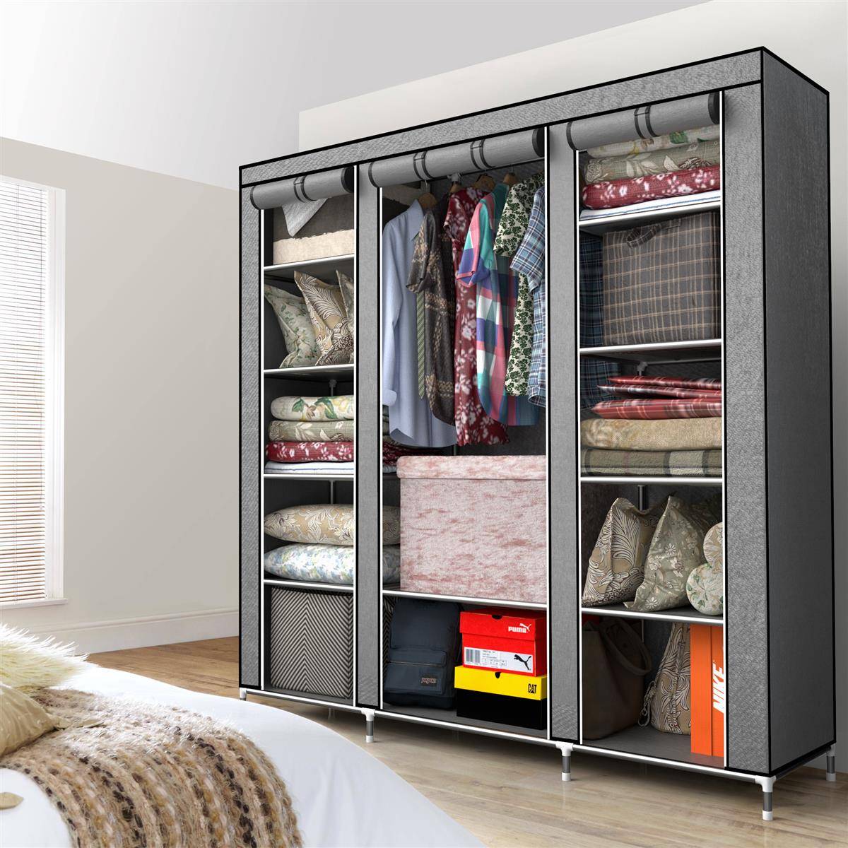 Intirilife Faltschrank 150x175x45 cm in ASCH GRAU - mit Reißverschluss Stoffschrank Kleiderschrank mit Kleiderstange, Fächern und Seitentasche - Cam