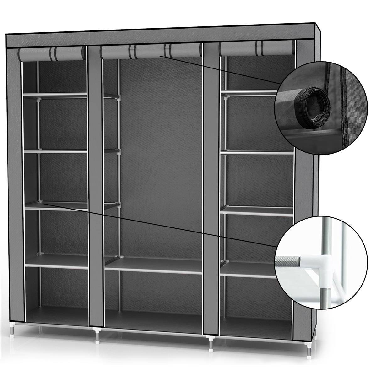 Intirilife Faltschrank 150x175x45 cm in ASCH GRAU - mit Reißverschluss Stoffschrank Kleiderschrank mit Kleiderstange, Fächern und Seitentasche - Cam