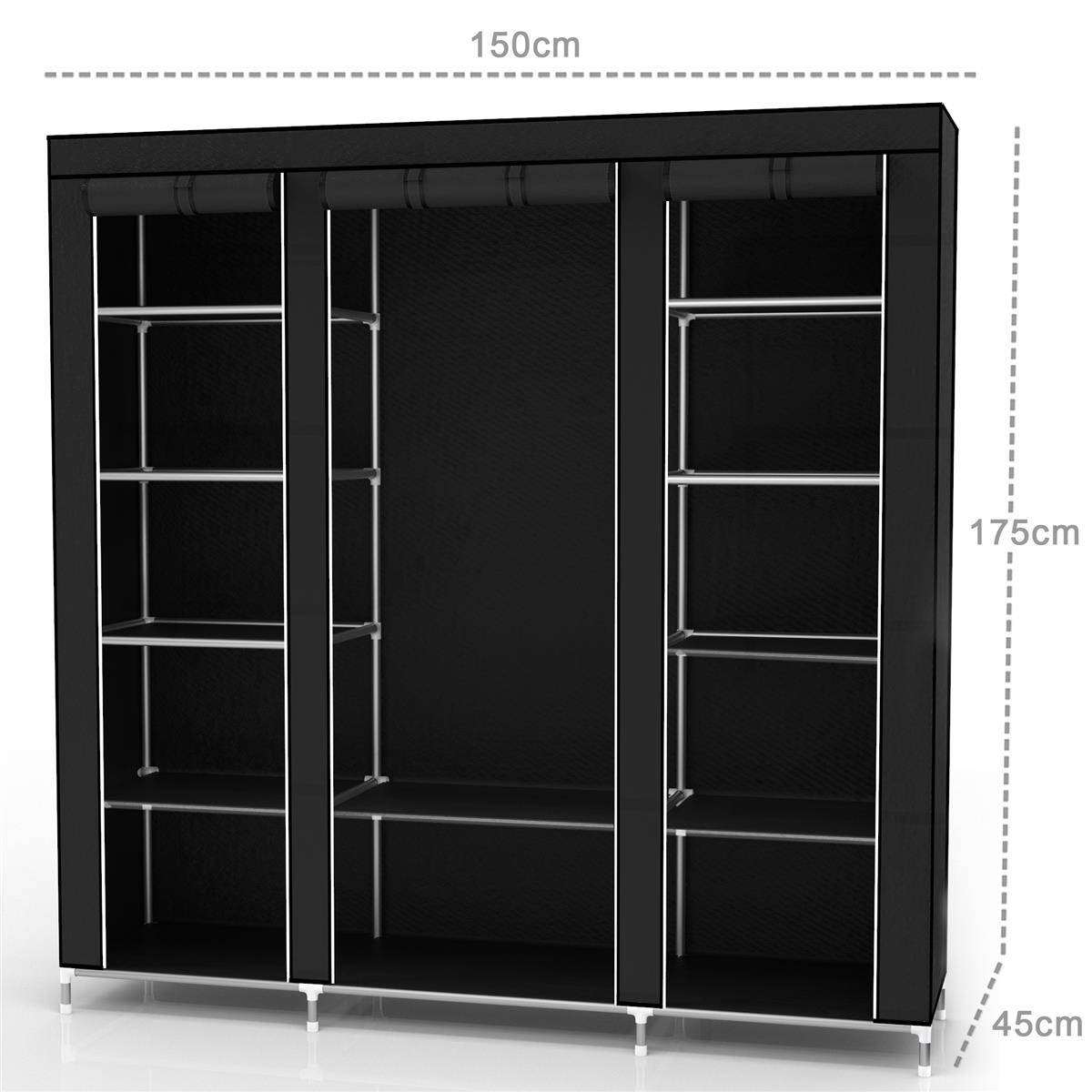 Intirilife Faltschrank 150x175x45 cm in RABEN SCHWARZ - mit Reißverschluss Stoffschrank Kleiderschrank mit Kleiderstange, Fächern und Seitentasche