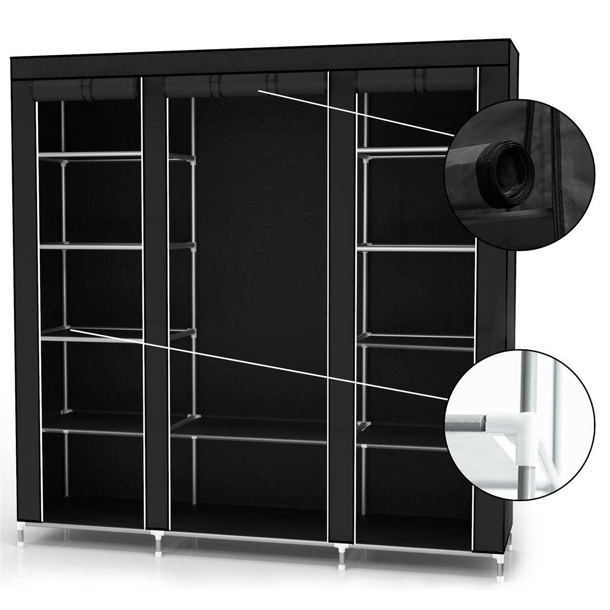 Intirilife Faltschrank 150x175x45 cm in RABEN SCHWARZ - mit Reißverschluss Stoffschrank Kleiderschrank mit Kleiderstange, Fächern und Seitentasche