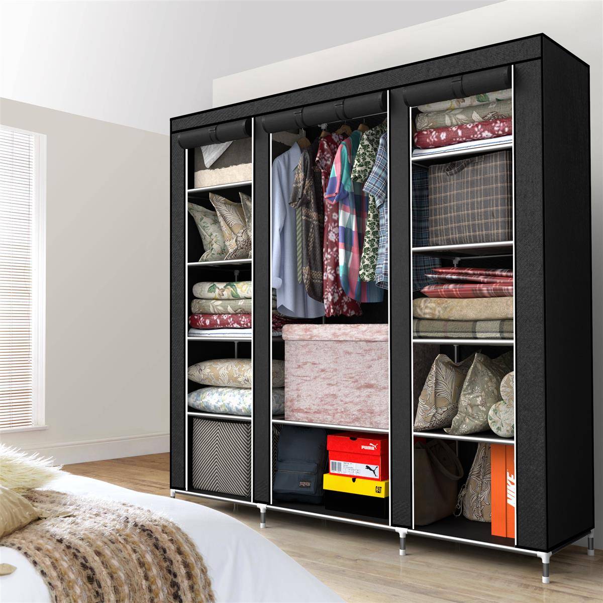 Intirilife Faltschrank 150x175x45 cm in RABEN SCHWARZ - mit Reißverschluss Stoffschrank Kleiderschrank mit Kleiderstange, Fächern und Seitentasche