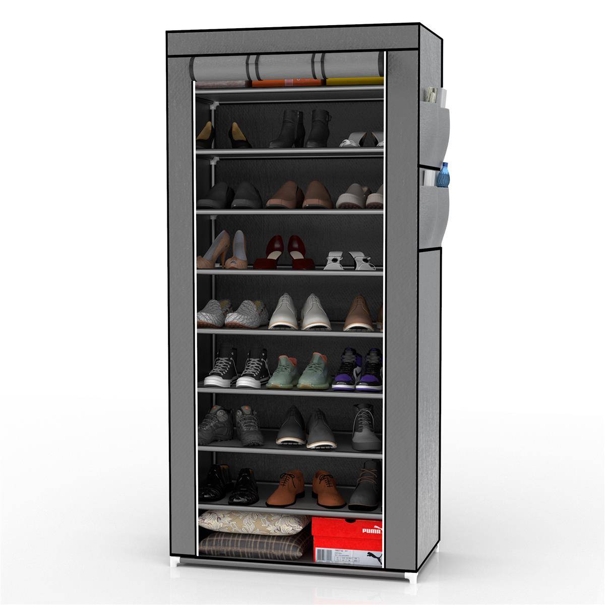 Intirilife Faltschrank 170x58x28 cm in ASCH GRAU - mit Reißverschluss Stoffschrank Kleiderschrank Schuhregal mit 9 Ablagefächern - Camping Steckschr