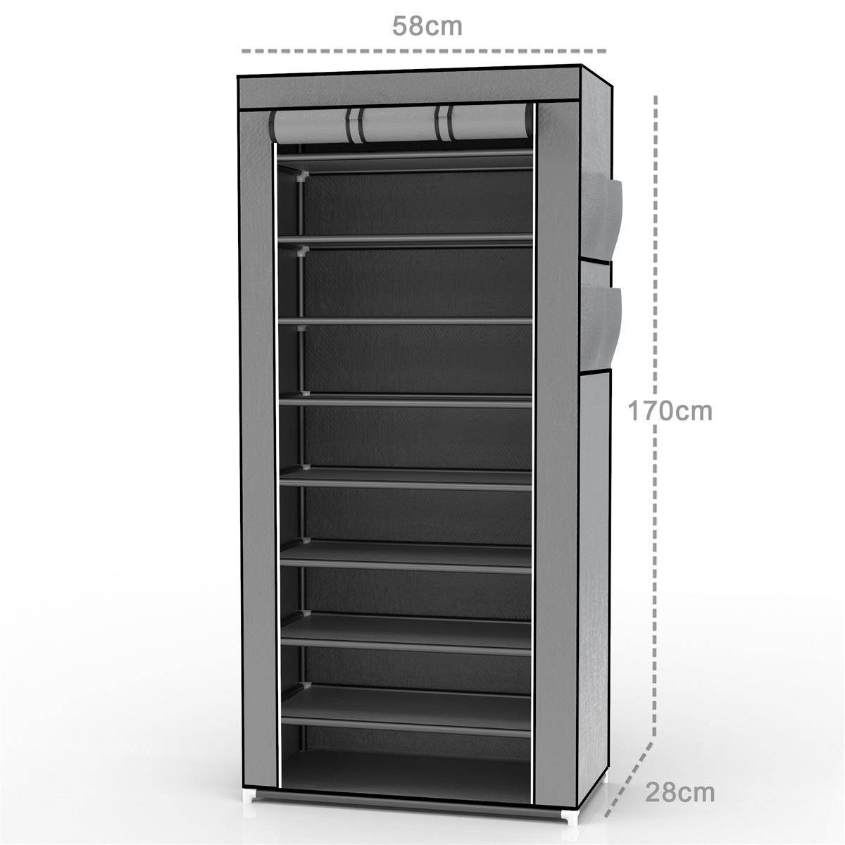Intirilife Faltschrank 170x58x28 cm in ASCH GRAU - mit Reißverschluss Stoffschrank Kleiderschrank Schuhregal mit 9 Ablagefächern - Camping Steckschr