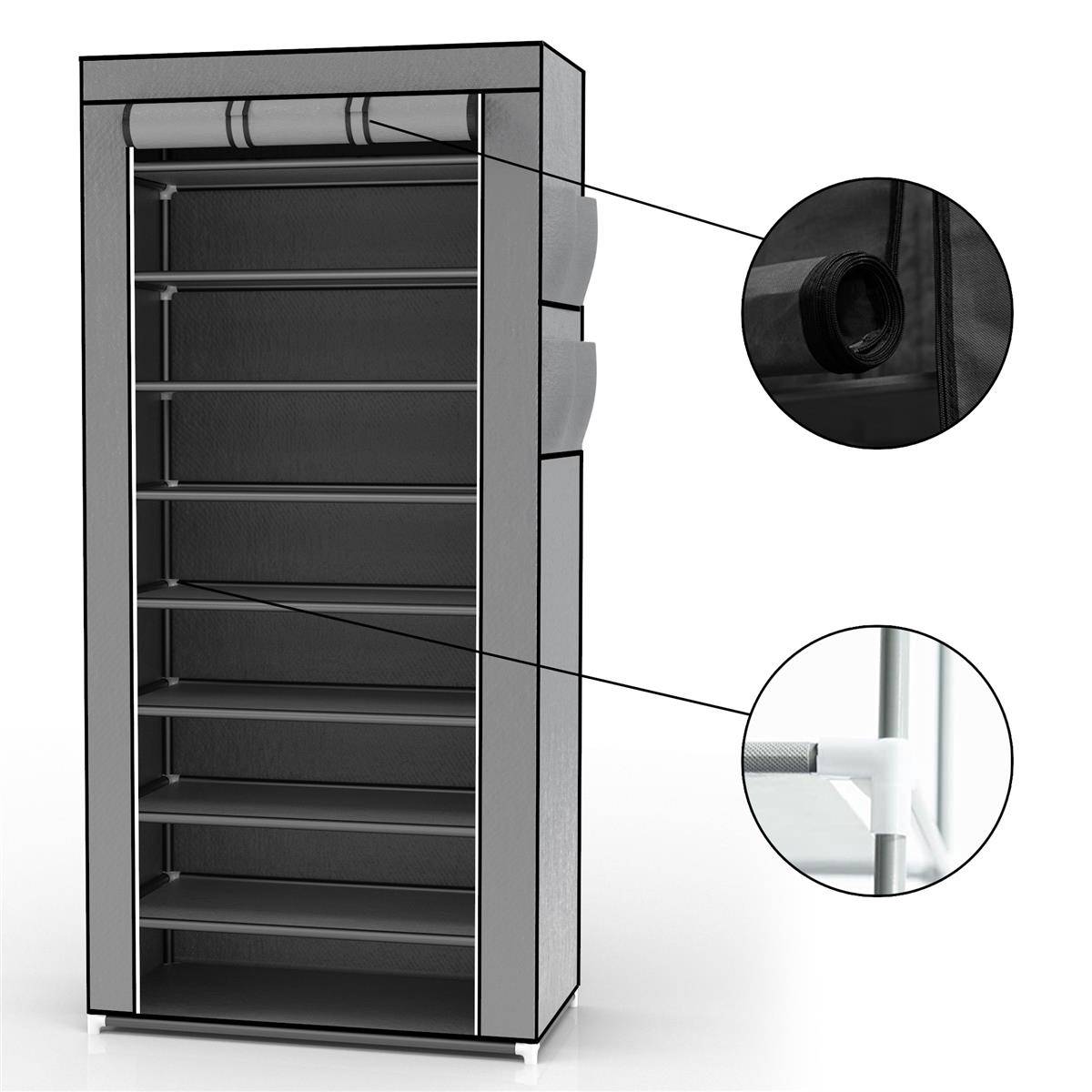 Intirilife Faltschrank 170x58x28 cm in ASCH GRAU - mit Reißverschluss Stoffschrank Kleiderschrank Schuhregal mit 9 Ablagefächern - Camping Steckschr