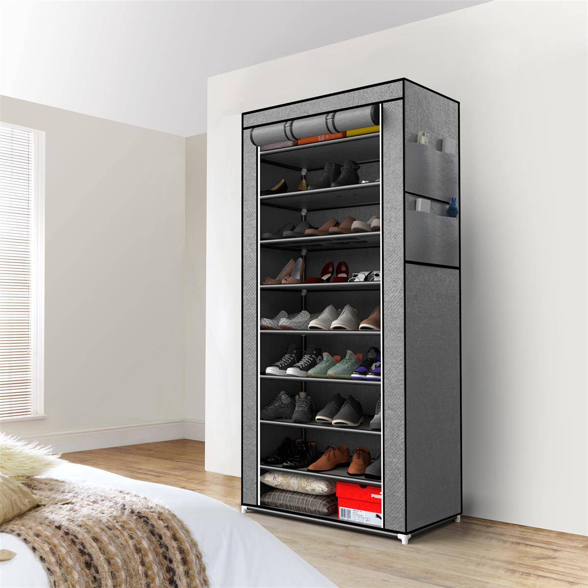 Intirilife Faltschrank 170x58x28 cm in ASCH GRAU - mit Reißverschluss Stoffschrank Kleiderschrank Schuhregal mit 9 Ablagefächern - Camping Steckschr