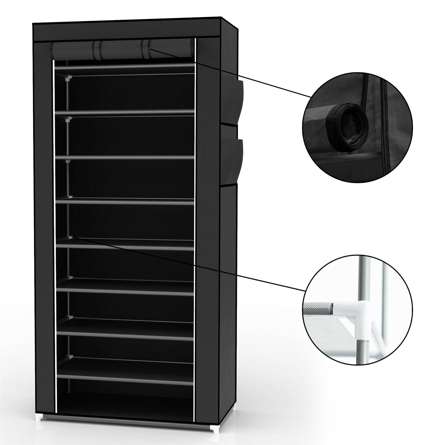 Intirilife Faltschrank 170x58x28 cm in RABEN SCHWARZ - mit Reißverschluss Stoffschrank Kleiderschrank Schuhregal mit 9 Ablagefächern - Camping Steck
