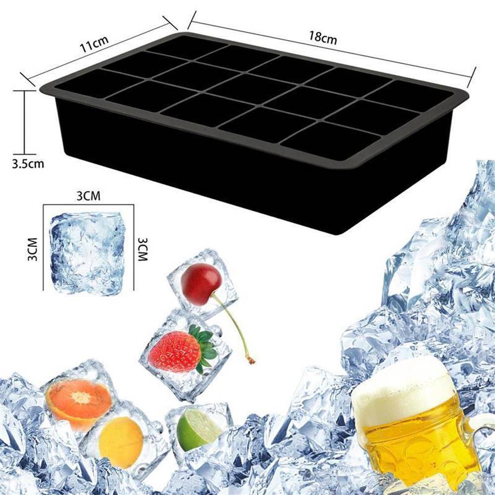 Intirilife 1x Eiswürfelform/Silikonform in SCHWARZ – Eiswürfel Silikonform mit 15 Fächern à 3 x 3 x 3 cm für große Eiswürfel – BPA Freier F
