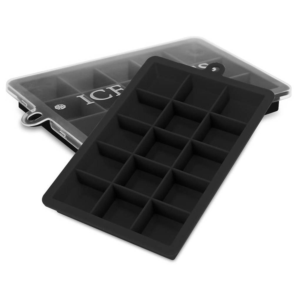 Intirilife 2x Eiswürfelformen in SCHWARZ – 2er Set à 15 Fächer Eiswürfel Silikonformen mit Deckel – Flexibler Eiswürfelbehälter Verschließb