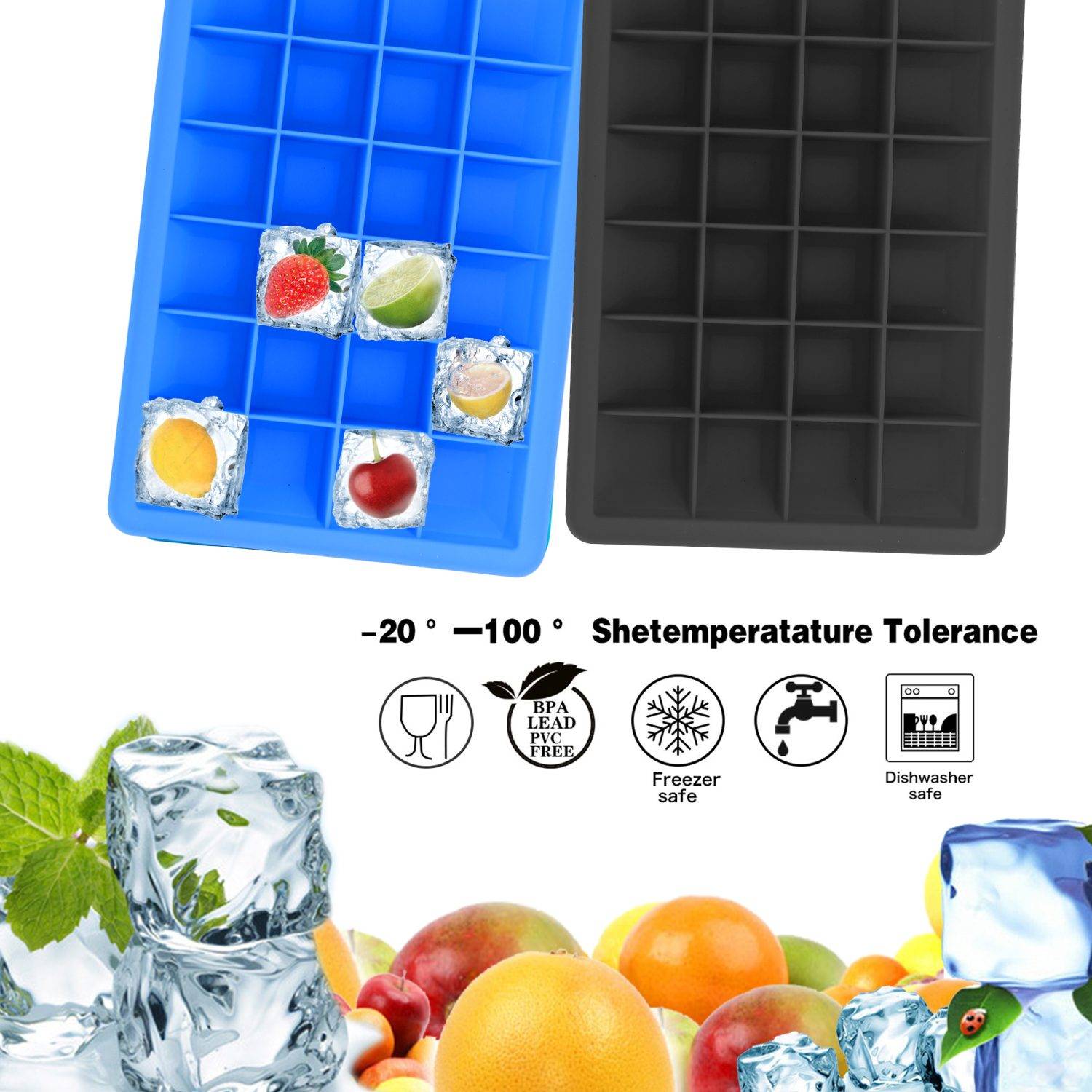 Intirilife 2x Eiswürfelformen in SCHWARZ – 2er Set à 24 Fächer Eiswürfel Silikonformen mit Deckel – Flexibler Eiswürfelbehälter Verschließb