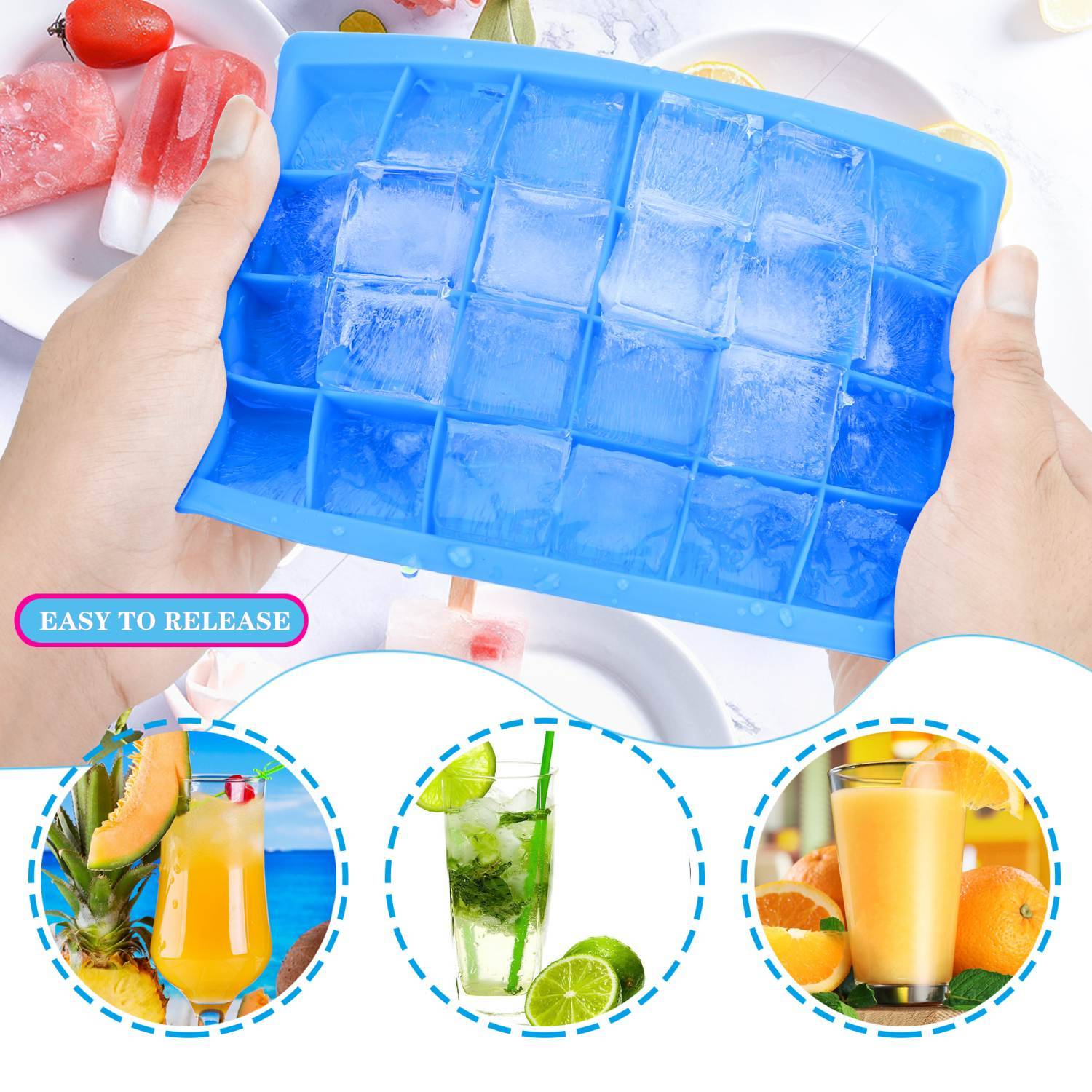 Intirilife 2x Eiswürfelformen in BLAU – 2er Set à 24 Fächer Eiswürfel Silikonformen mit Deckel – Flexibler Eiswürfelbehälter Verschließbar