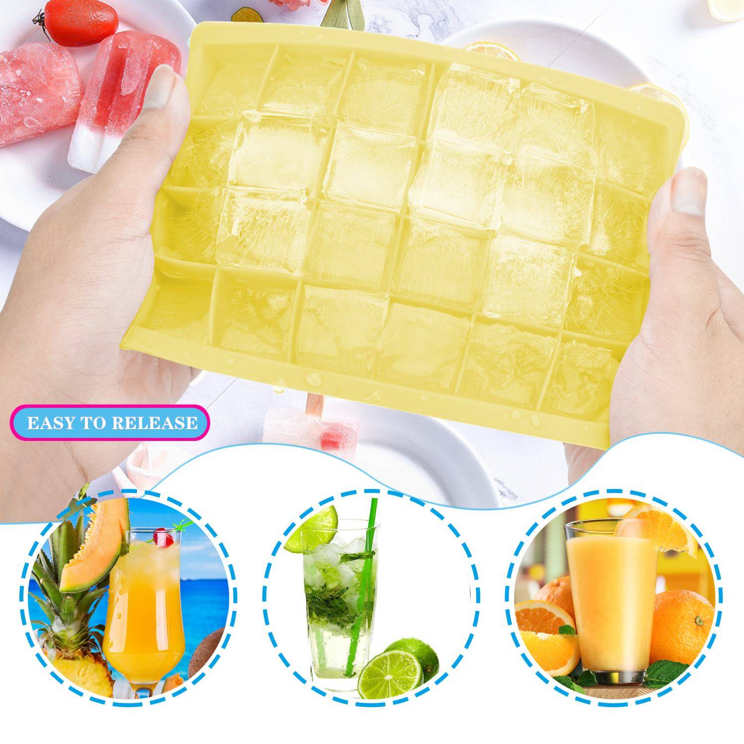 Intirilife 2x Eiswürfelformen in GELB – 2er Set à 24 Fächer Eiswürfel Silikonformen mit Deckel – Flexibler Eiswürfelbehälter Verschließbar