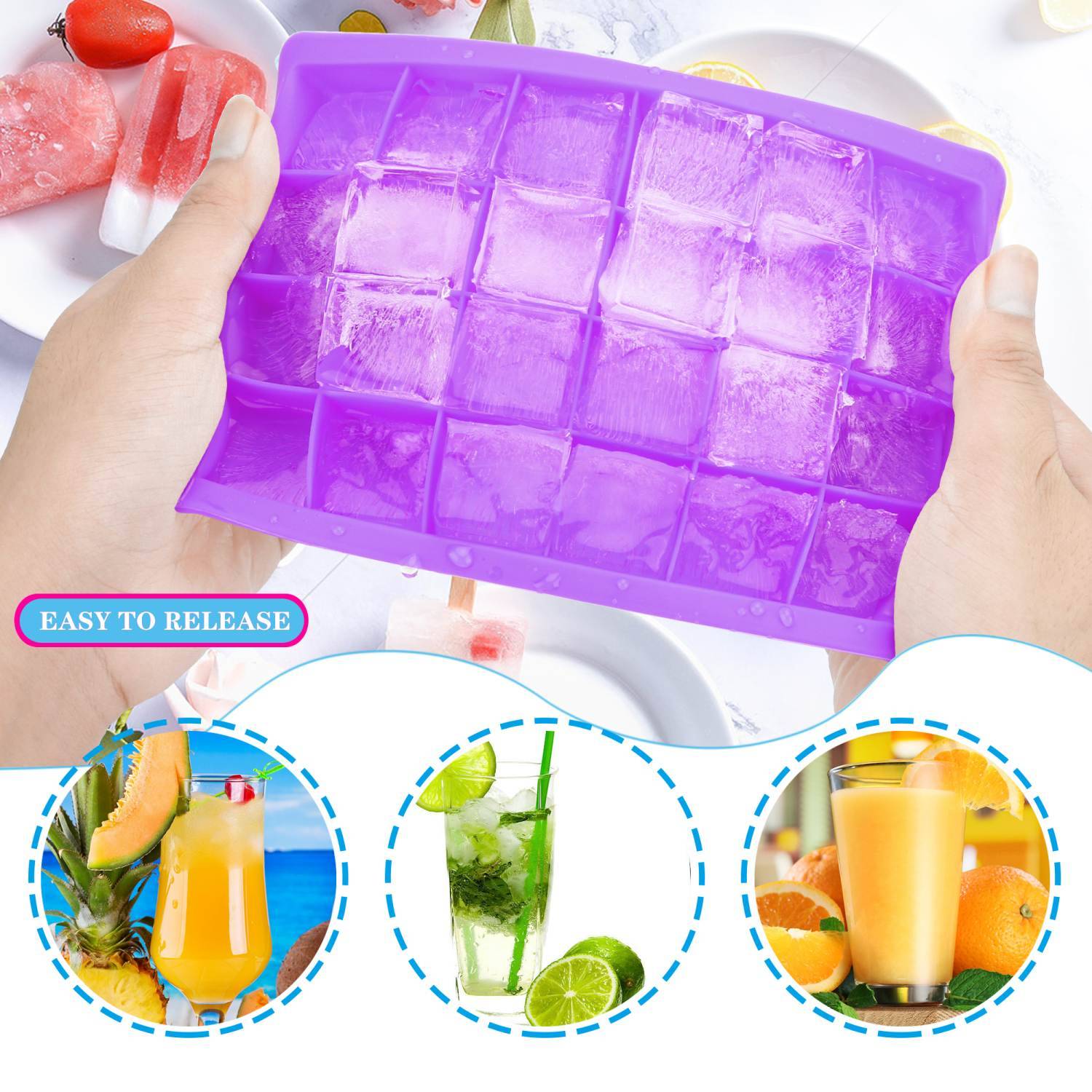 Intirilife 2x Eiswürfelformen in LILA – 2er Set à 24 Fächer Eiswürfel Silikonformen mit Deckel – Flexibler Eiswürfelbehälter Verschließbar