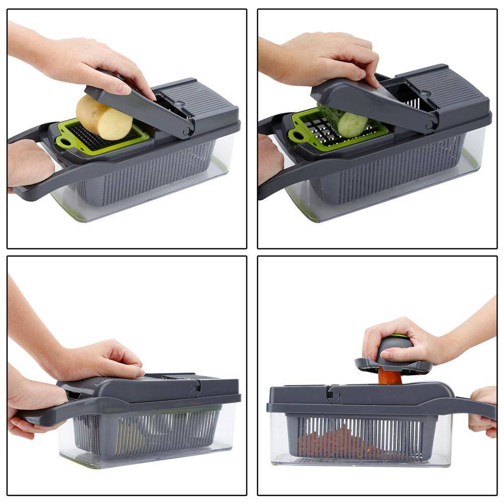 Intirilife Küchen Gemüseschneider in GRÜN – Verstellbarer Multischneider Allesschneider mit verschiedenen Aufsätzen zum Schneiden, Schälen, Ras