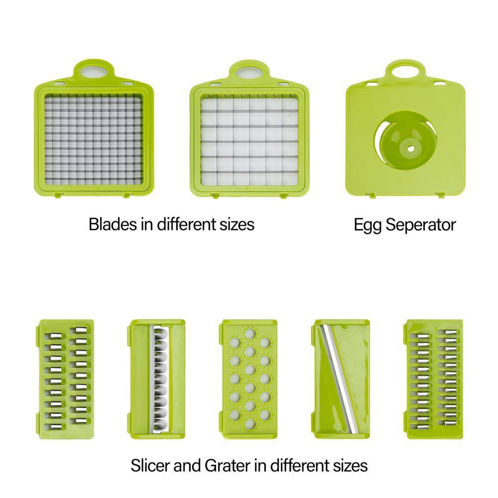 Intirilife Küchen Gemüseschneider in GRÜN – Verstellbarer Multischneider Allesschneider mit verschiedenen Aufsätzen zum Schneiden, Schälen, Ras