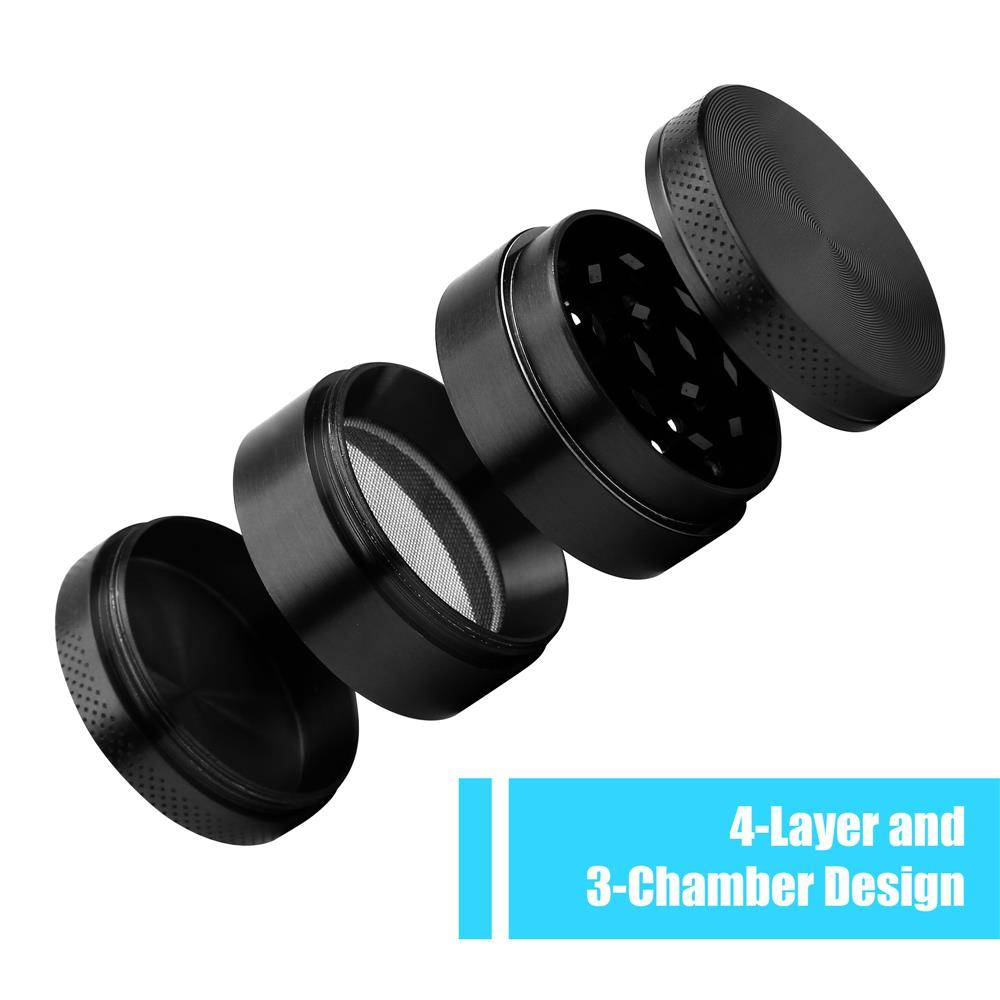 Intirilife Grinder in METALLIC SCHWARZ – 4-teiliger Küchen Crusher aus Metall zum Zerkleinern und Schreddern von Kräutern, Gewürzen, Tabak, Pflan