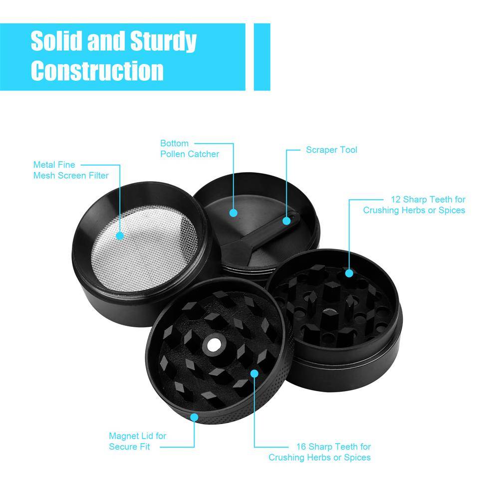 Intirilife Grinder in METALLIC SCHWARZ – 4-teiliger Küchen Crusher aus Metall zum Zerkleinern und Schreddern von Kräutern, Gewürzen, Tabak, Pflan