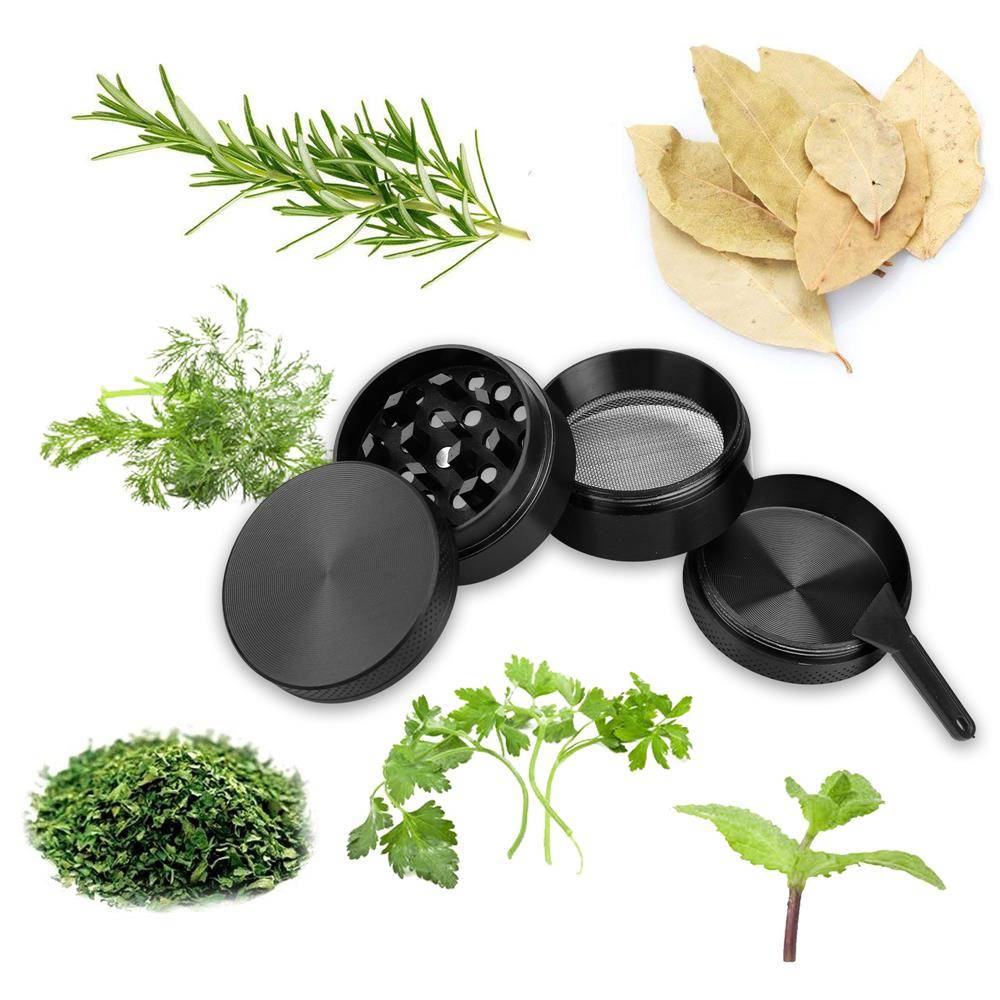 Intirilife Grinder in METALLIC SCHWARZ – 4-teiliger Küchen Crusher aus Metall zum Zerkleinern und Schreddern von Kräutern, Gewürzen, Tabak, Pflan
