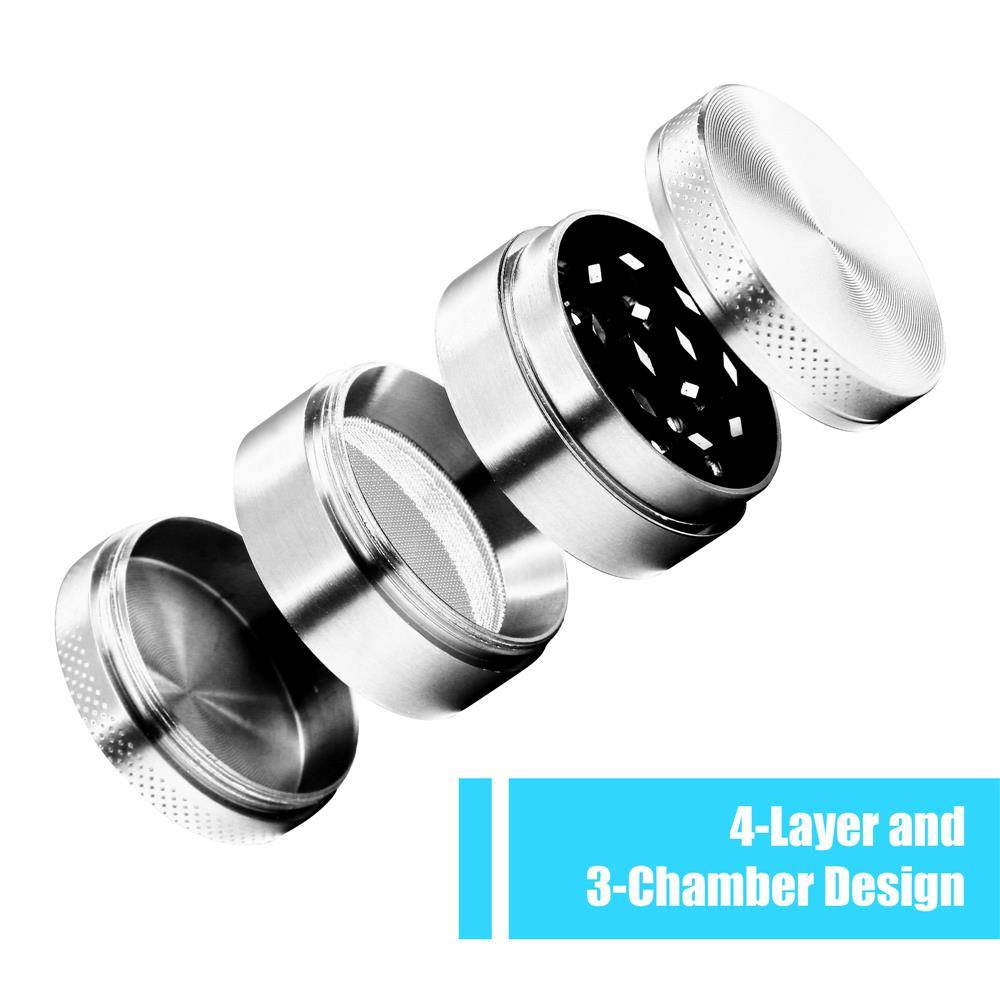 Intirilife Grinder in METALLIC SILBER – 4-teiliger Küchen Crusher aus Metall zum Zerkleinern und Schreddern von Kräutern, Gewürzen, Tabak, Pflanz