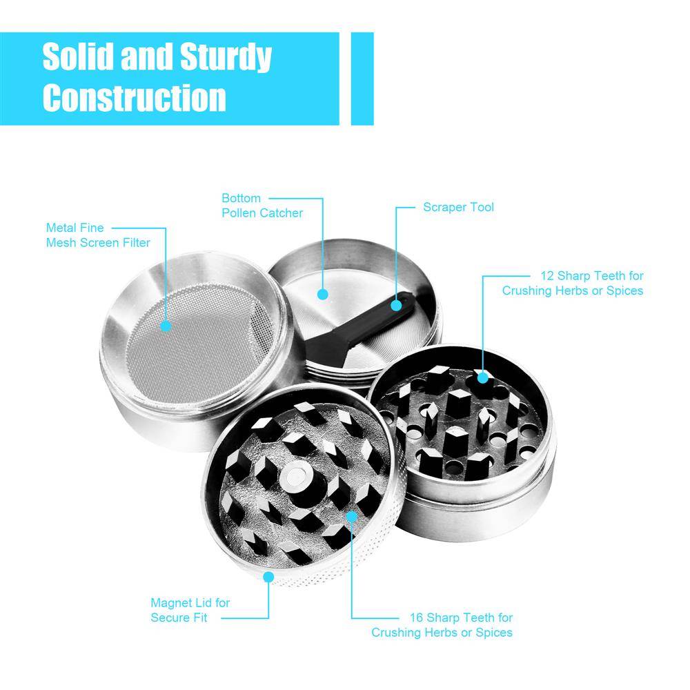 Intirilife Grinder in METALLIC SILBER – 4-teiliger Küchen Crusher aus Metall zum Zerkleinern und Schreddern von Kräutern, Gewürzen, Tabak, Pflanz