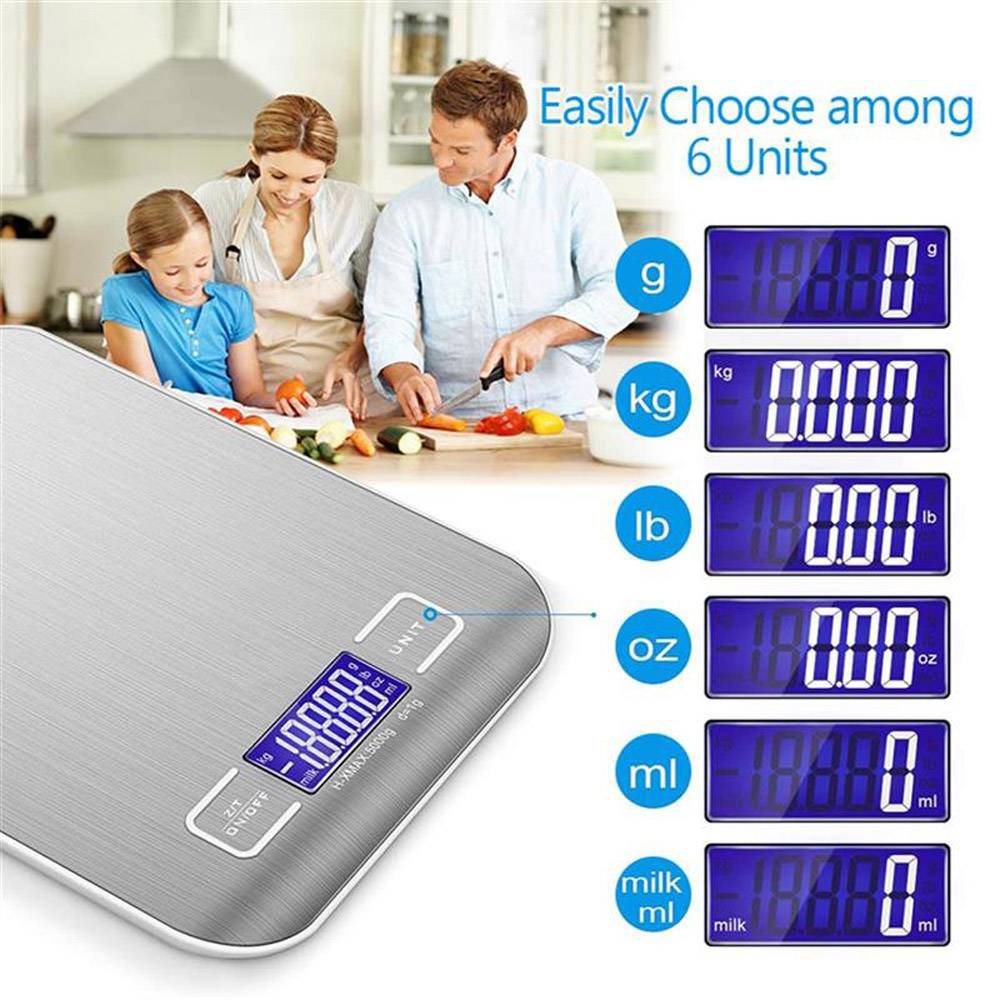 Intirilife Digitale Küchenwaage in SILBER – 5kg Elektronische Waage für die Küche mit Tara Funktion – Wasserdichte Extrem Präzise Küchen-Digi