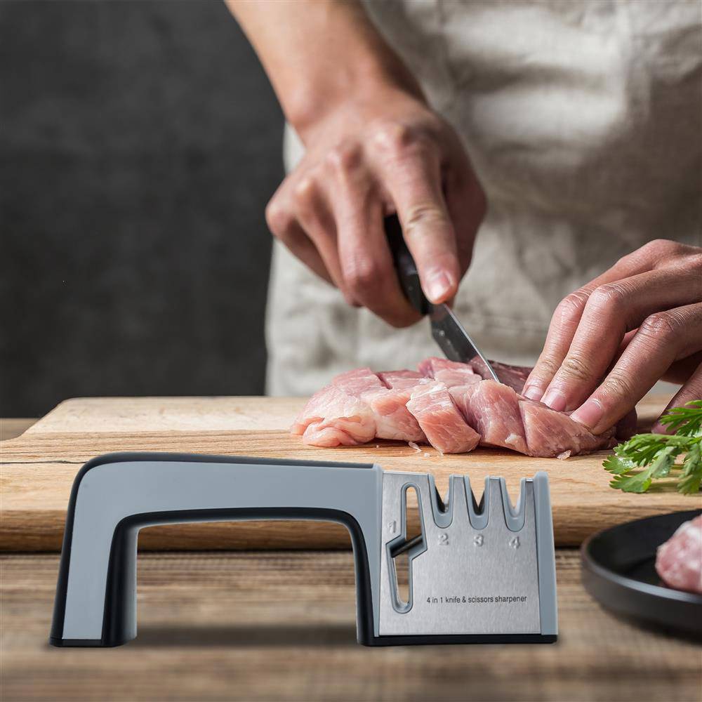 Intirilife Messerschärfer in SCHWARZ – 4-in-1 Messerschleifer aus Edelstahl für Scheren und Küchenmesser - Geeignet für Stahl und Keramik für G