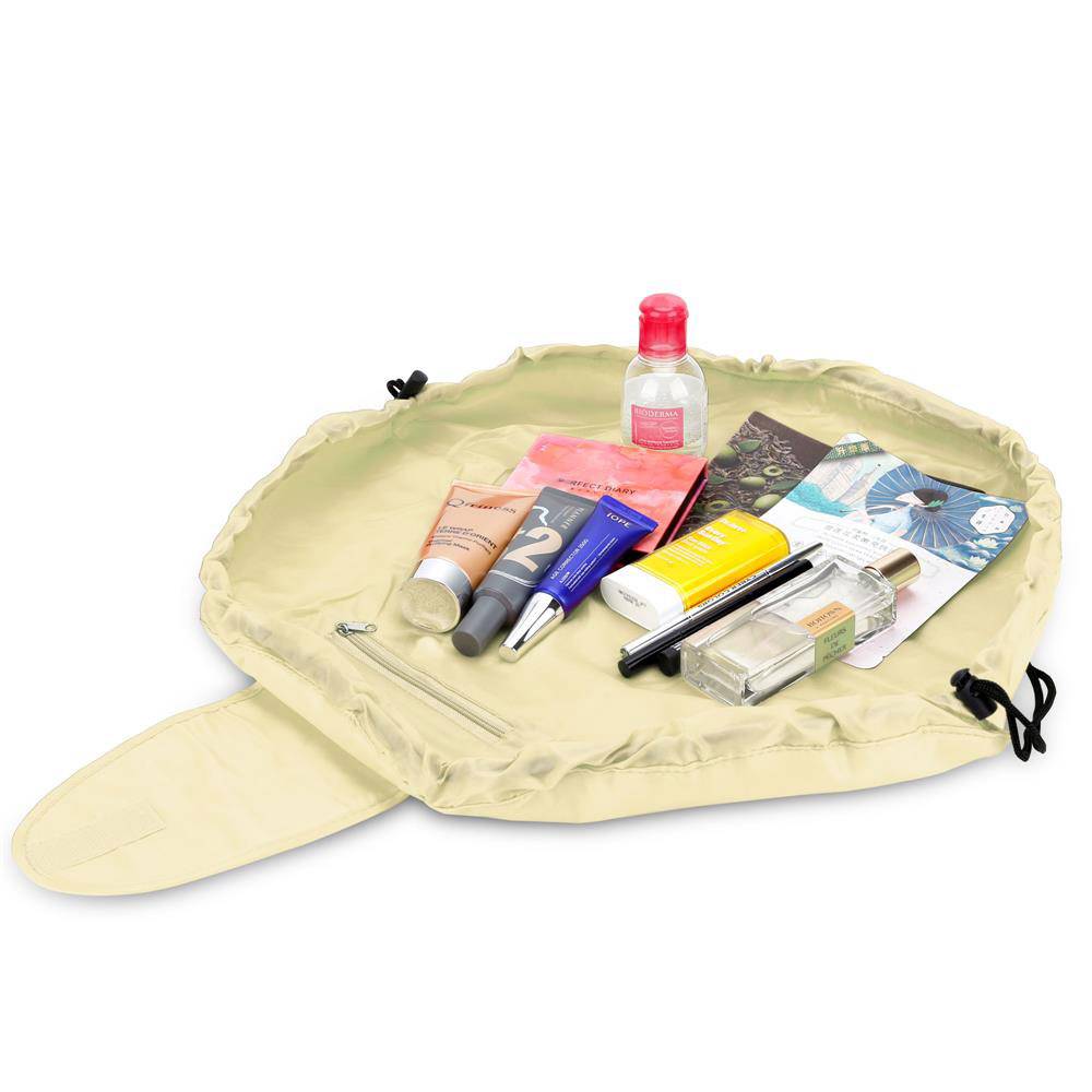 Intirilife Kosmetiktasche in CASHEW BEIGE – Runder One Step Kulturbeutel mit Kordelzug zum Zusammenziehen mit 2 inneren Reißverschlussfächern idea