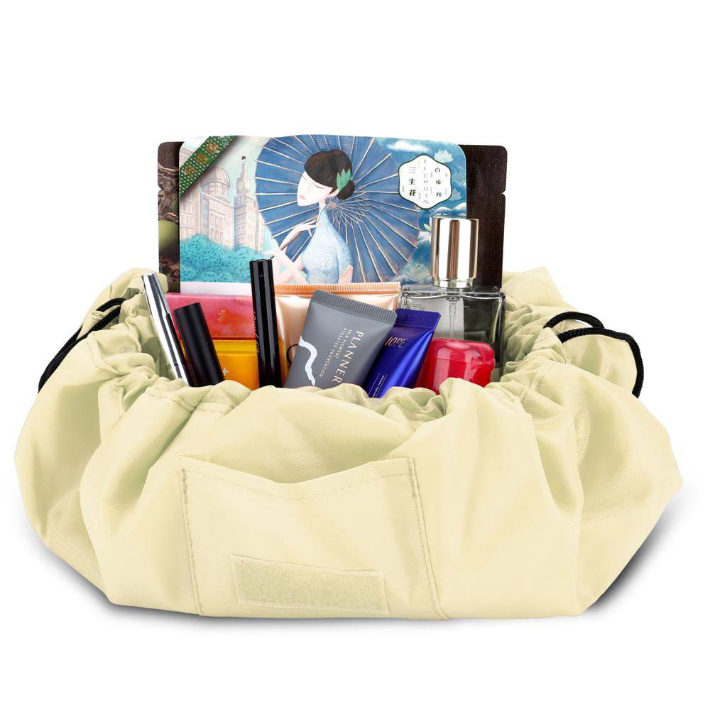 Intirilife Kosmetiktasche in CASHEW BEIGE – Runder One Step Kulturbeutel mit Kordelzug zum Zusammenziehen mit 2 inneren Reißverschlussfächern idea