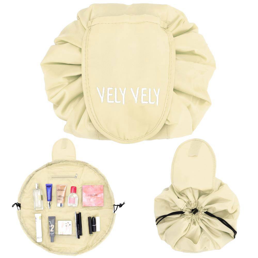 Intirilife Kosmetiktasche in CASHEW BEIGE – Runder One Step Kulturbeutel mit Kordelzug zum Zusammenziehen mit 2 inneren Reißverschlussfächern idea