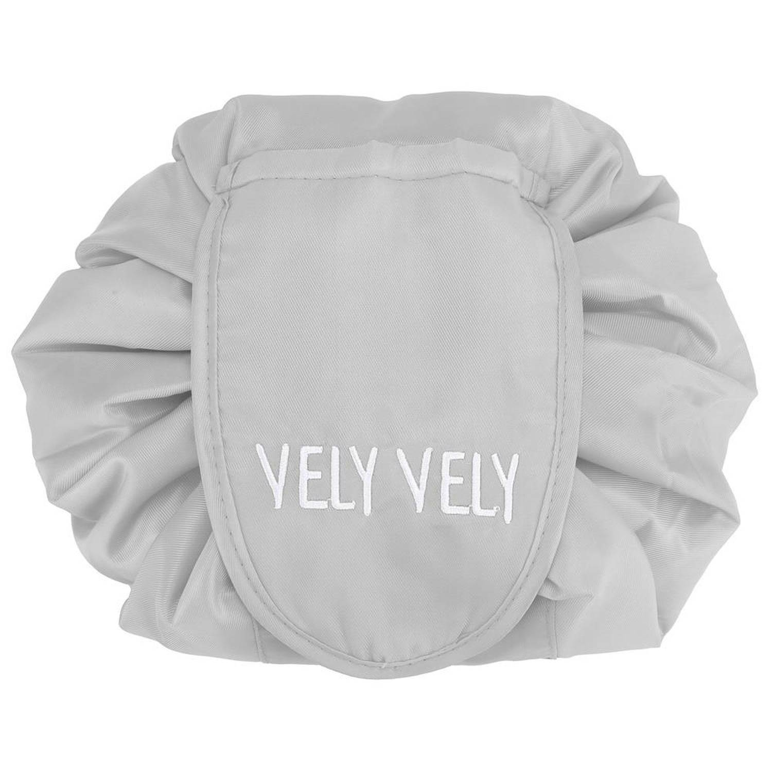 Intirilife Kosmetiktasche in HELL GRAU – Runder One Step Kulturbeutel mit Kordelzug zum Zusammenziehen mit 2 inneren Reißverschlussfächern ideal