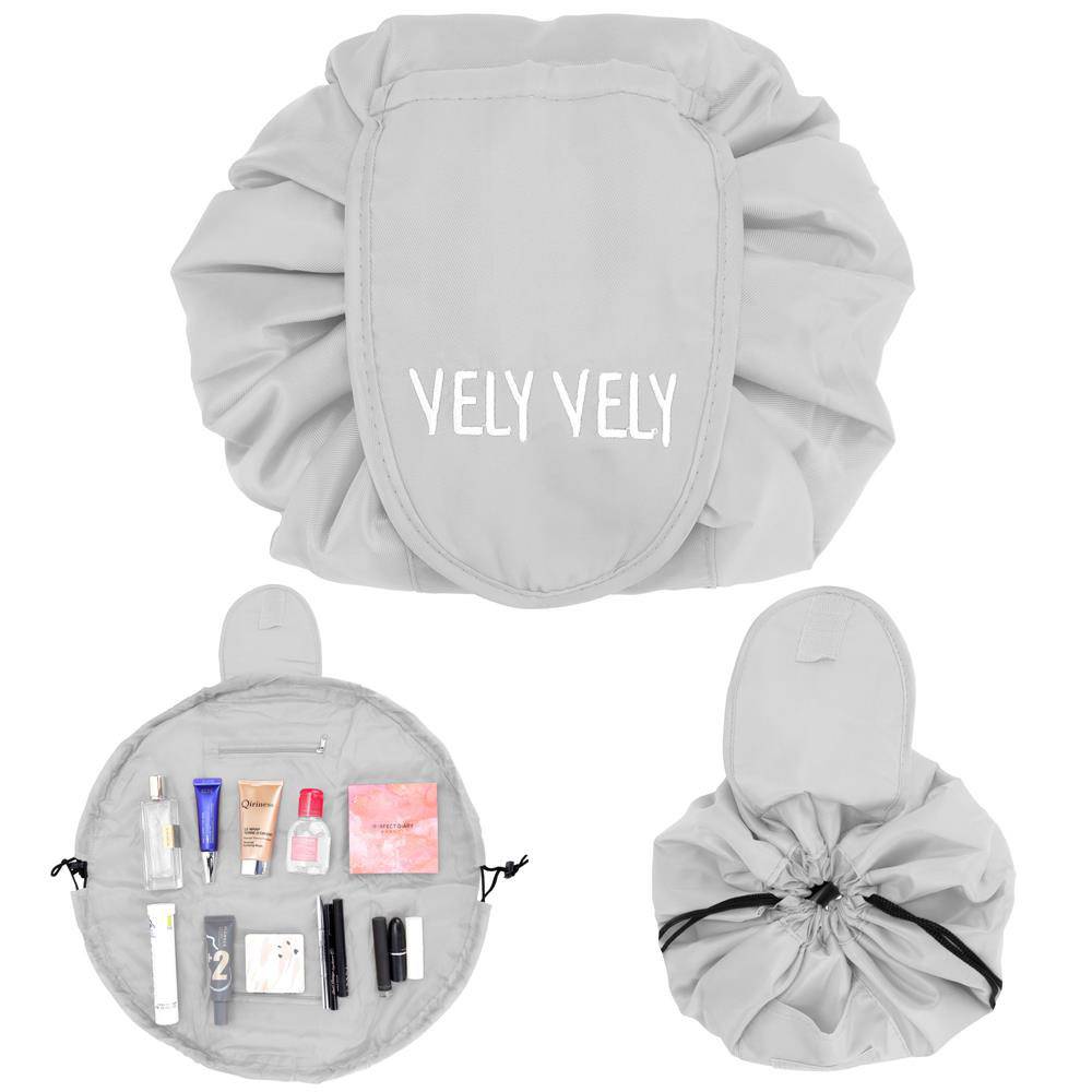 Intirilife Kosmetiktasche in HELL GRAU – Runder One Step Kulturbeutel mit Kordelzug zum Zusammenziehen mit 2 inneren Reißverschlussfächern ideal