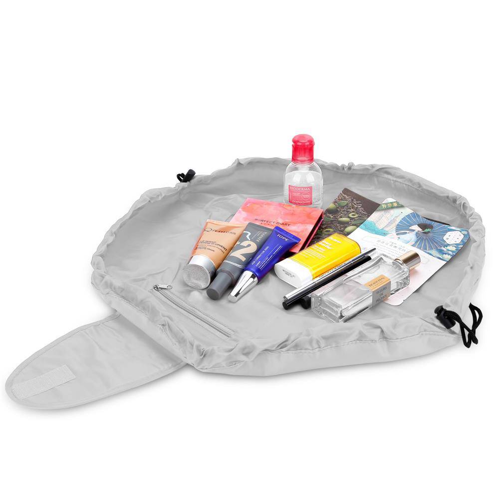 Intirilife Kosmetiktasche in HELL GRAU – Runder One Step Kulturbeutel mit Kordelzug zum Zusammenziehen mit 2 inneren Reißverschlussfächern ideal