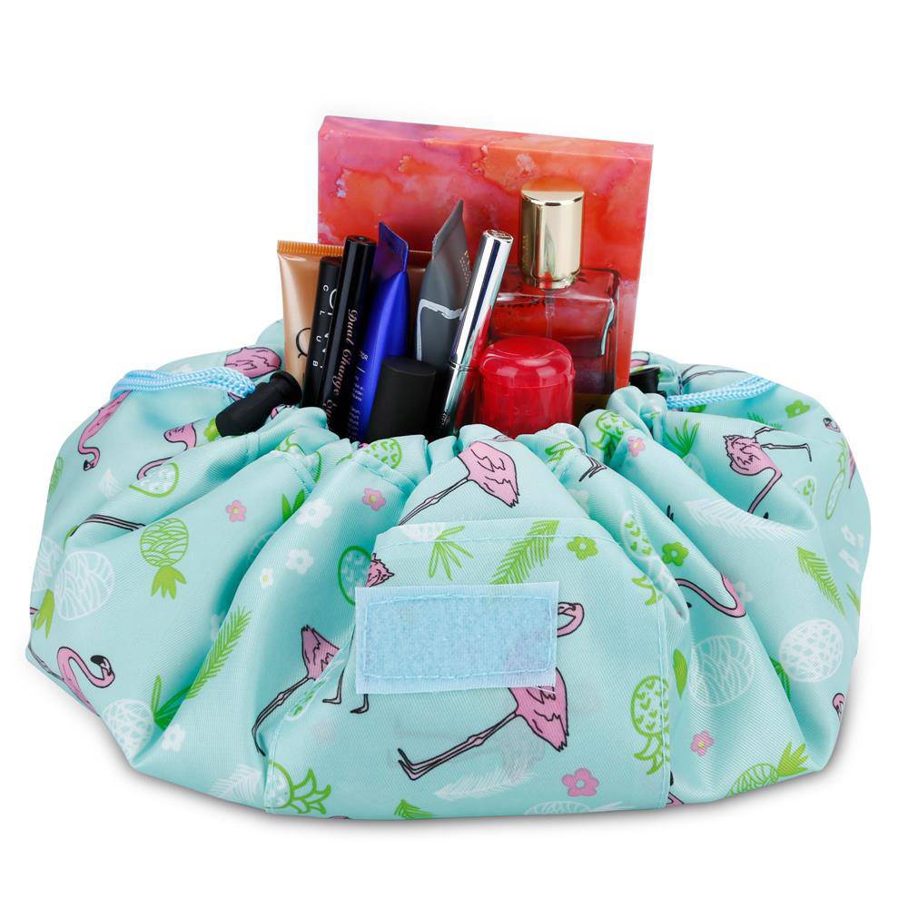 Intirilife Kosmetiktasche in GRÜN ROSA FLAMINGO – Runder One Step Kulturbeutel mit Kordelzug zum Zusammenziehen mit 2 inneren Reißverschlussfäche