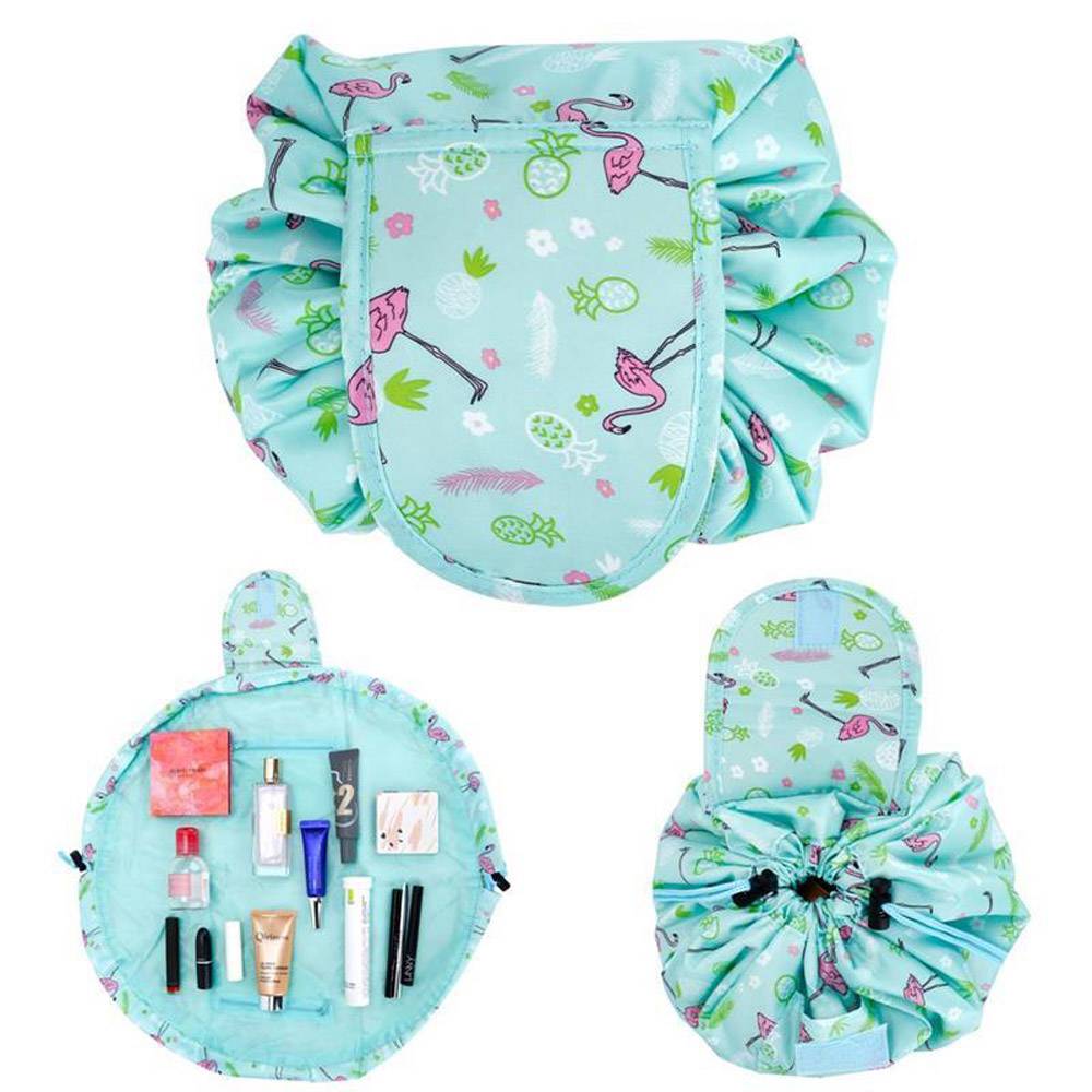 Intirilife Kosmetiktasche in GRÜN ROSA FLAMINGO – Runder One Step Kulturbeutel mit Kordelzug zum Zusammenziehen mit 2 inneren Reißverschlussfäche