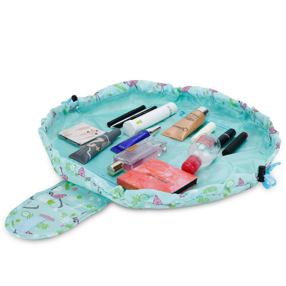 Intirilife Kosmetiktasche in GRÜN ROSA FLAMINGO – Runder One Step Kulturbeutel mit Kordelzug zum Zusammenziehen mit 2 inneren Reißverschlussfäche