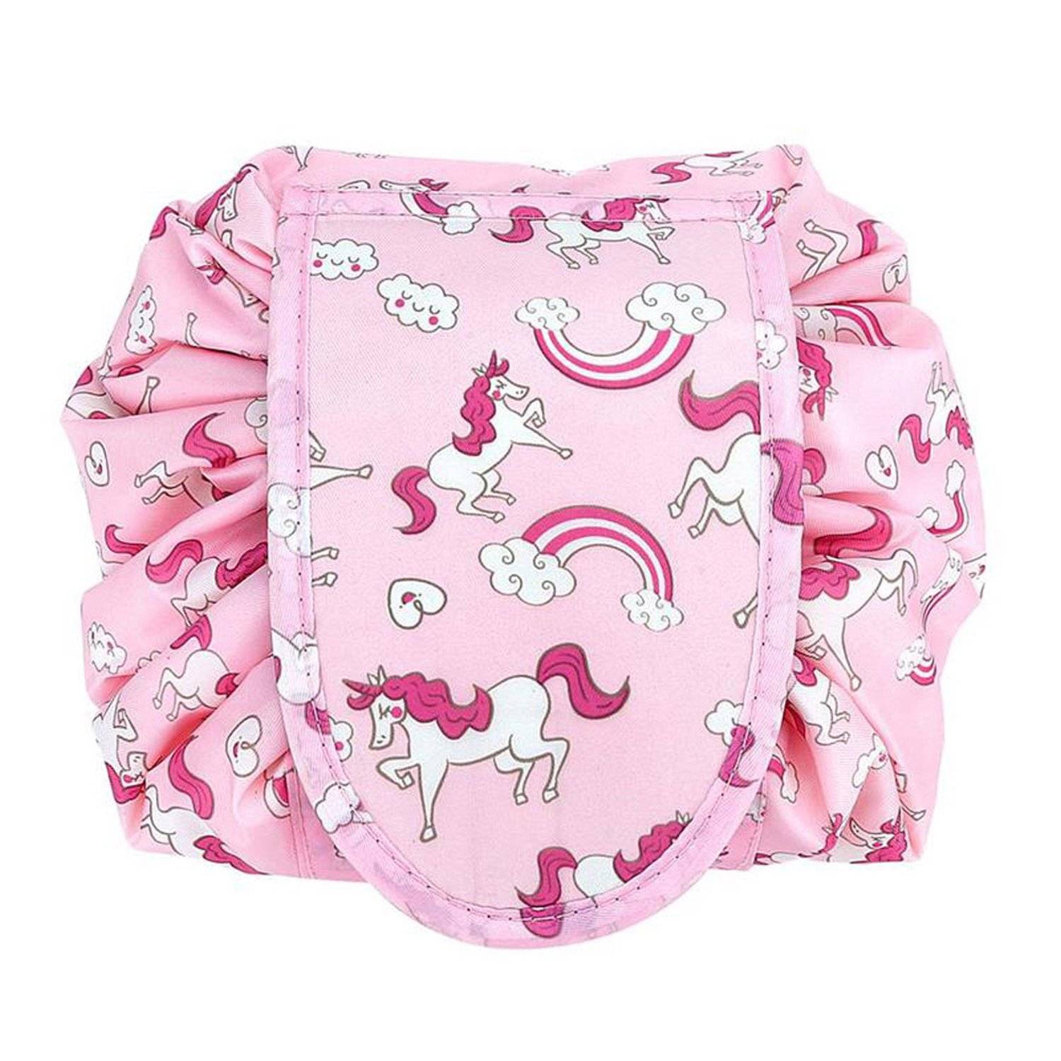 Intirilife Kosmetiktasche in ROSA WEISSE PFERDE – Runder One Step Kulturbeutel mit Kordelzug zum Zusammenziehen mit 2 inneren Reißverschlussfächer