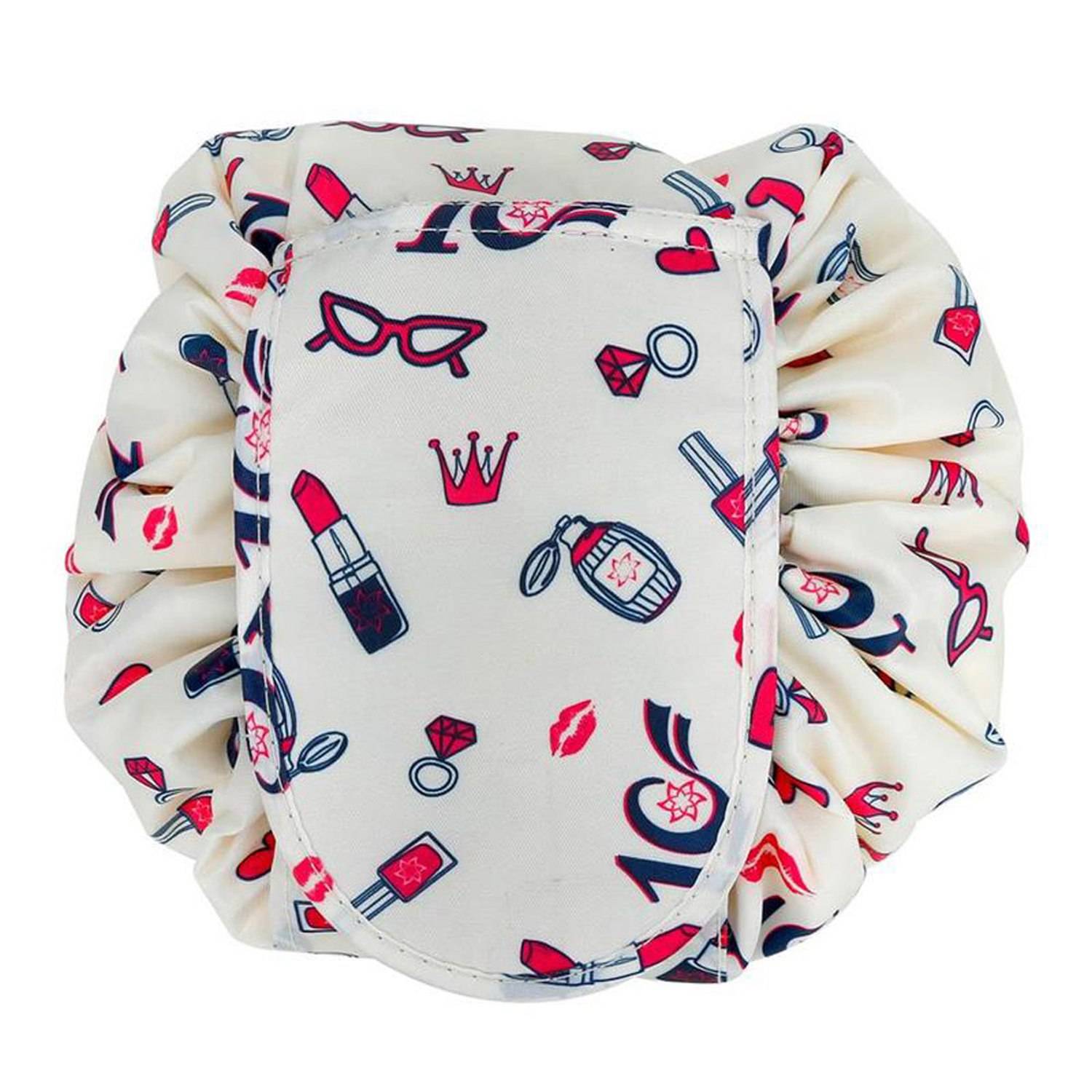 Intirilife Kosmetiktasche in CREME GIRLY MOTIV – Runder One Step Kulturbeutel mit Kordelzug zum Zusammenziehen mit 2 inneren Reißverschlussfächern
