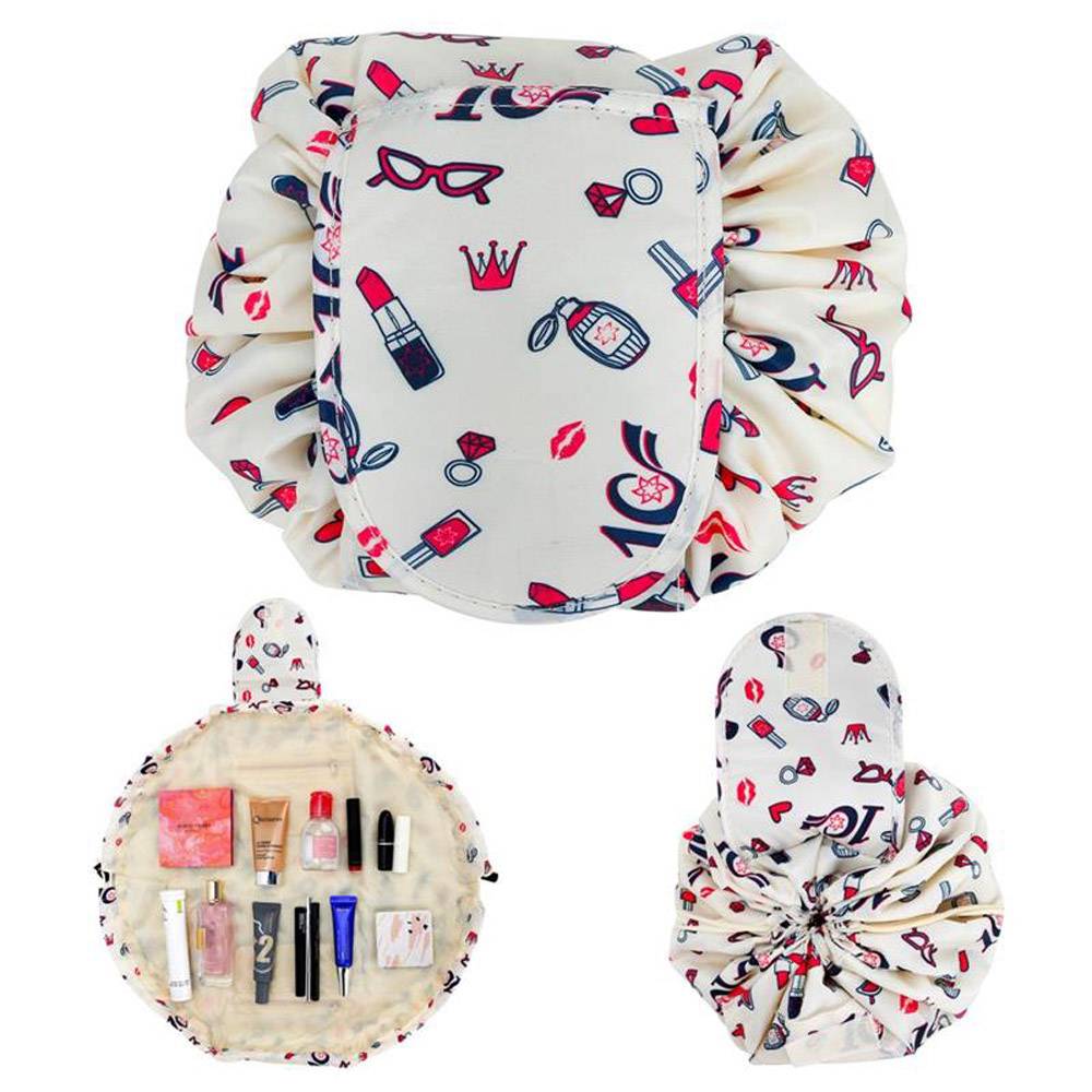 Intirilife Kosmetiktasche in CREME GIRLY MOTIV – Runder One Step Kulturbeutel mit Kordelzug zum Zusammenziehen mit 2 inneren Reißverschlussfächern