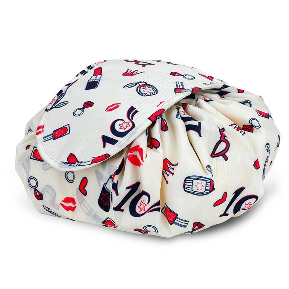 Intirilife Kosmetiktasche in CREME GIRLY MOTIV – Runder One Step Kulturbeutel mit Kordelzug zum Zusammenziehen mit 2 inneren Reißverschlussfächern