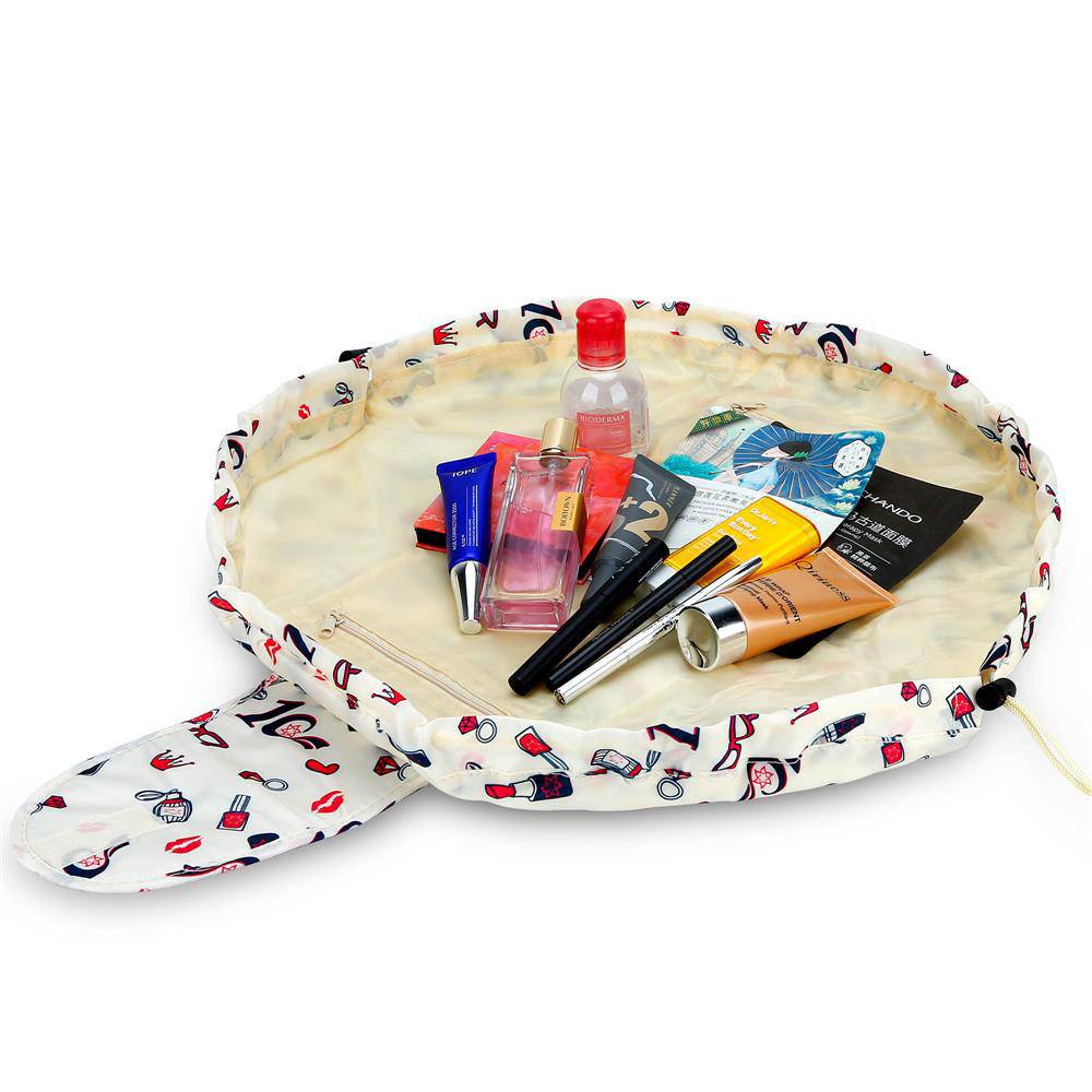 Intirilife Kosmetiktasche in CREME GIRLY MOTIV – Runder One Step Kulturbeutel mit Kordelzug zum Zusammenziehen mit 2 inneren Reißverschlussfächern