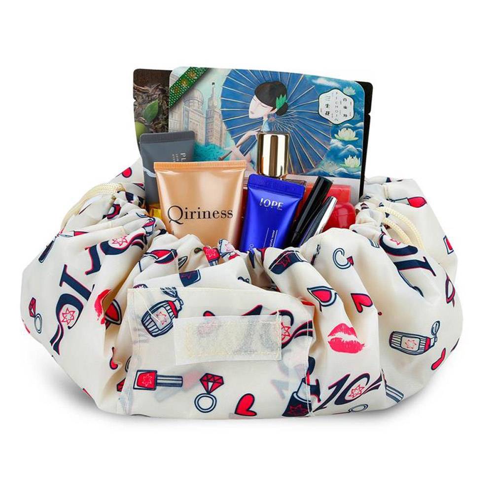 Intirilife Kosmetiktasche in CREME GIRLY MOTIV – Runder One Step Kulturbeutel mit Kordelzug zum Zusammenziehen mit 2 inneren Reißverschlussfächern